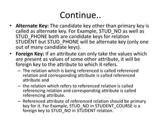 Continue..
• Alternate Key: The candidate key other than primary key is
called as alternate key. For Example, STUD_NO as well as
STUD_PHONE both are candidate keys for relation
STUDENT but STUD_PHONE will be alternate key (only one
out of many candidate keys).
• Foreign Key: If an attribute can only take the values which
are present as values of some other attribute, it will be
foreign key to the attribute to which it refers.
– The relation which is being referenced is called referenced
relation and corresponding attribute is called referenced
attribute and
– the relation which refers to referenced relation is called
referencing relation and corresponding attribute is called
referencing attribute.
– Referenced attribute of referenced relation should be primary
key for it. For Example, STUD_NO in STUDENT_COURSE is a
foreign key to STUD_NO in STUDENT relation.
 