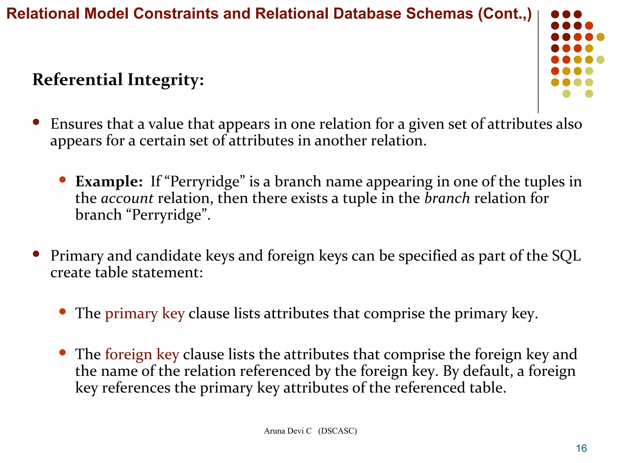Aruna Devi C (DSCASC)
Referential Integrity:
 Ensures that a value that appears in one relation for a given set of attributes also
appears for a certain set of attributes in another relation.
 Example: If “Perryridge” is a branch name appearing in one of the tuples in
the account relation, then there exists a tuple in the branch relation for
branch “Perryridge”.
 Primary and candidate keys and foreign keys can be specified as part of the SQL
create table statement:
 The primary key clause lists attributes that comprise the primary key.
 The foreign key clause lists the attributes that comprise the foreign key and
the name of the relation referenced by the foreign key. By default, a foreign
key references the primary key attributes of the referenced table.
16
Relational Model Constraints and Relational Database Schemas (Cont.,)
 