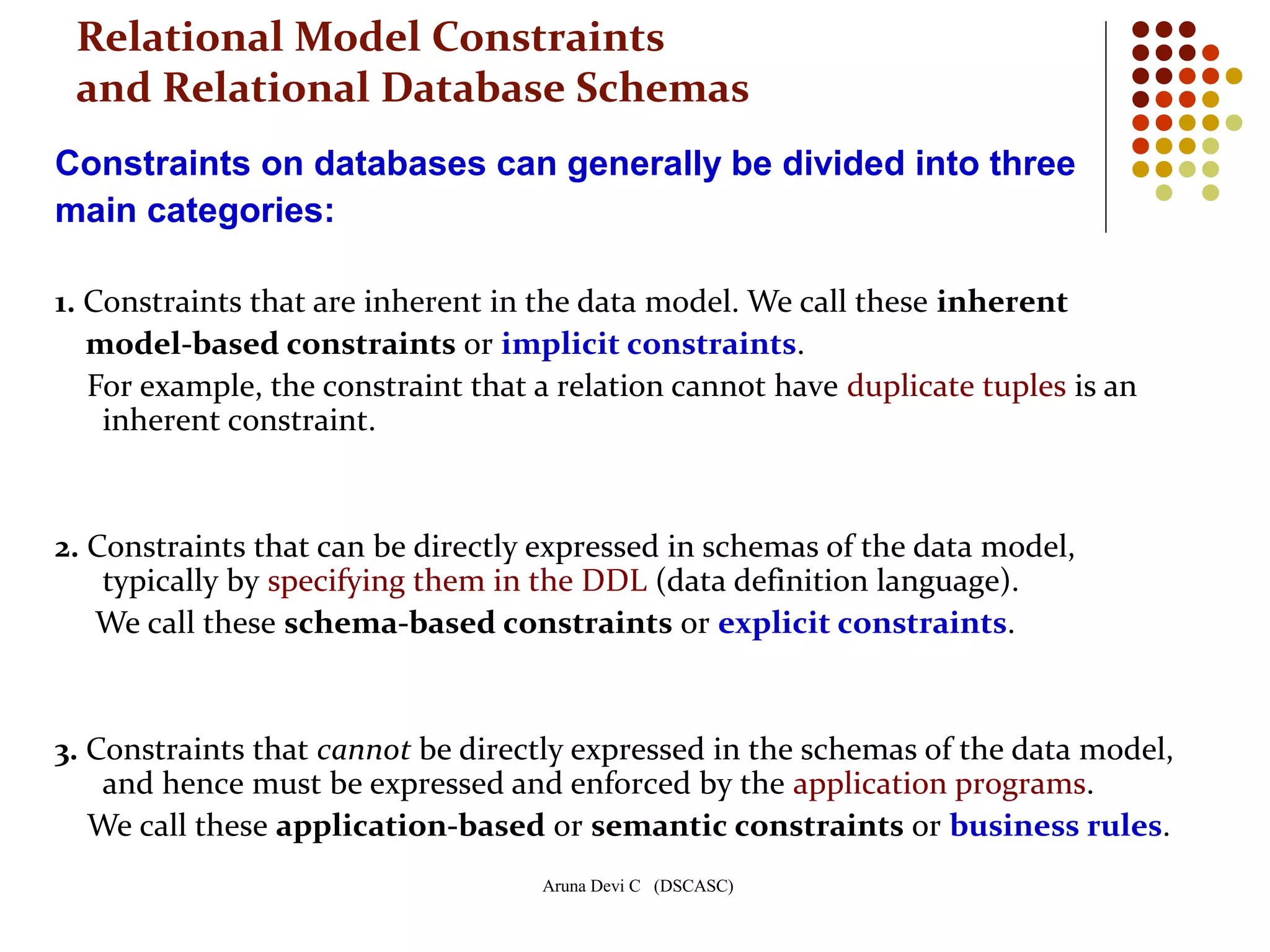 Aruna Devi C (DSCASC)
Relational Model Constraints
and Relational Database Schemas
Constraints on databases can generally be divided into three
main categories:
1. Constraints that are inherent in the data model. We call these inherent
model-based constraints or implicit constraints.
For example, the constraint that a relation cannot have duplicate tuples is an
inherent constraint.
2. Constraints that can be directly expressed in schemas of the data model,
typically by specifying them in the DDL (data definition language).
We call these schema-based constraints or explicit constraints.
3. Constraints that cannot be directly expressed in the schemas of the data model,
and hence must be expressed and enforced by the application programs.
We call these application-based or semantic constraints or business rules.
 