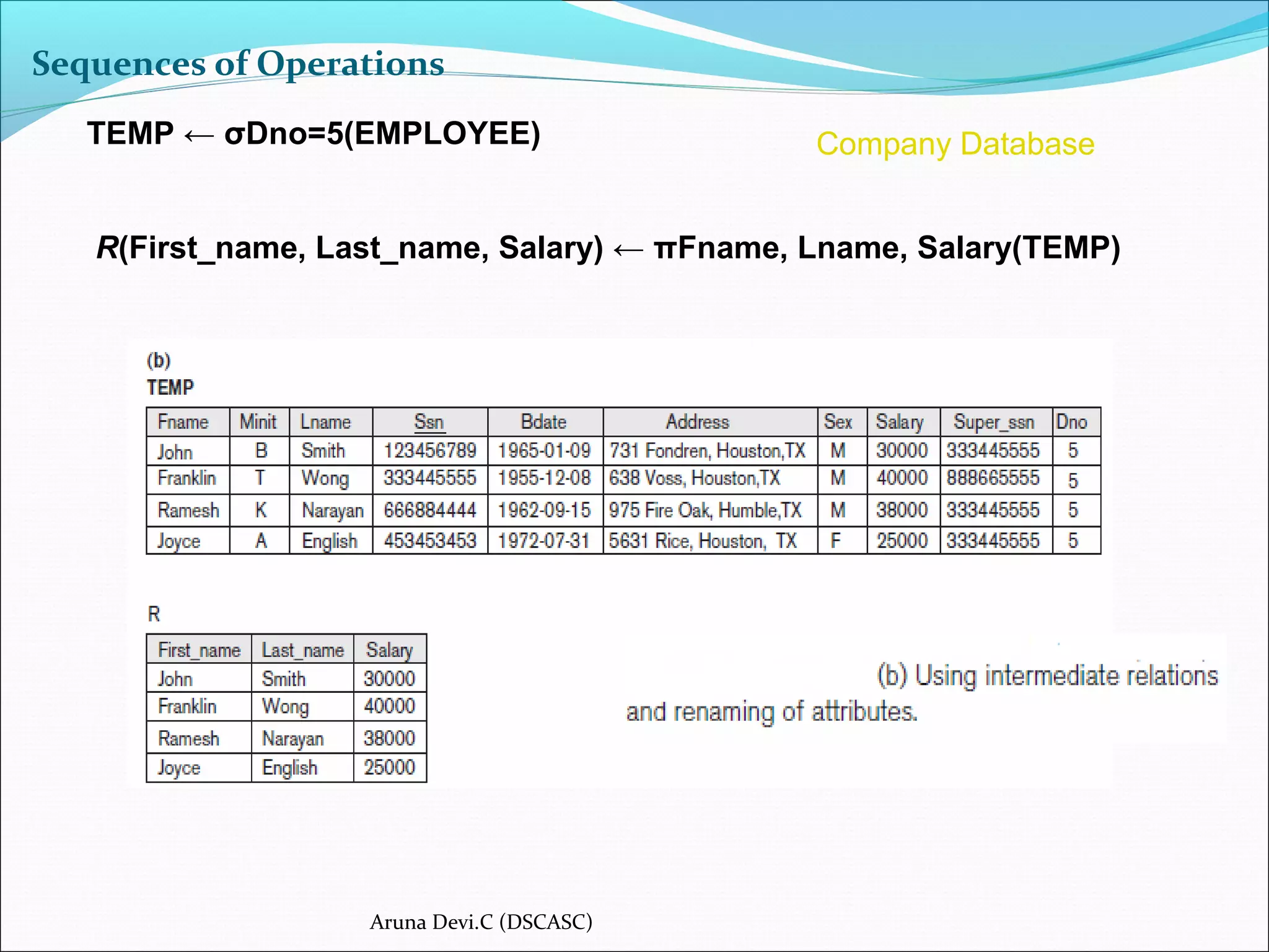 Sequences of Operations
TEMP ← σDno=5(EMPLOYEE)
R(First_name, Last_name, Salary) ← πFname, Lname, Salary(TEMP)
Aruna Devi.C (DSCASC)
Company Database
 