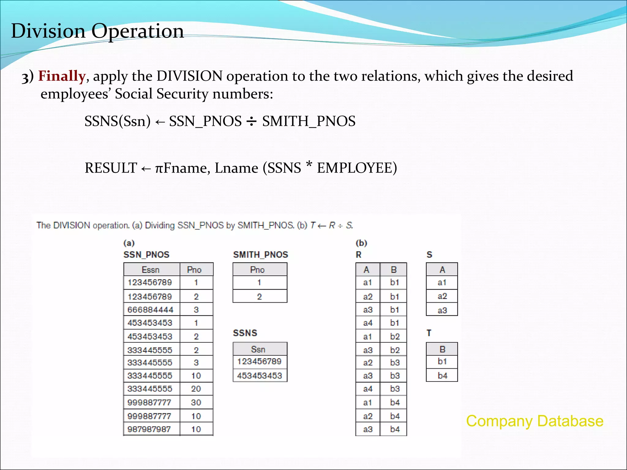 Division Operation
3) Finally, apply the DIVISION operation to the two relations, which gives the desired
employees’ Social Security numbers:
SSNS(Ssn) SSN_PNOS← ÷ SMITH_PNOS
RESULT πFname, Lname (SSNS← * EMPLOYEE)
Company Database
 