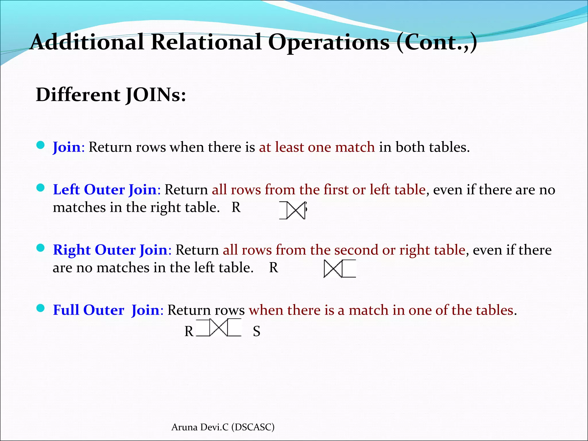 Additional Relational Operations (Cont.,)
Different JOINs:
 Join: Return rows when there is at least one match in both tables.
 Left Outer Join: Return all rows from the first or left table, even if there are no
matches in the right table. R S
 Right Outer Join: Return all rows from the second or right table, even if there
are no matches in the left table. R S
 Full Outer Join: Return rows when there is a match in one of the tables.
R S
Aruna Devi.C (DSCASC)
 