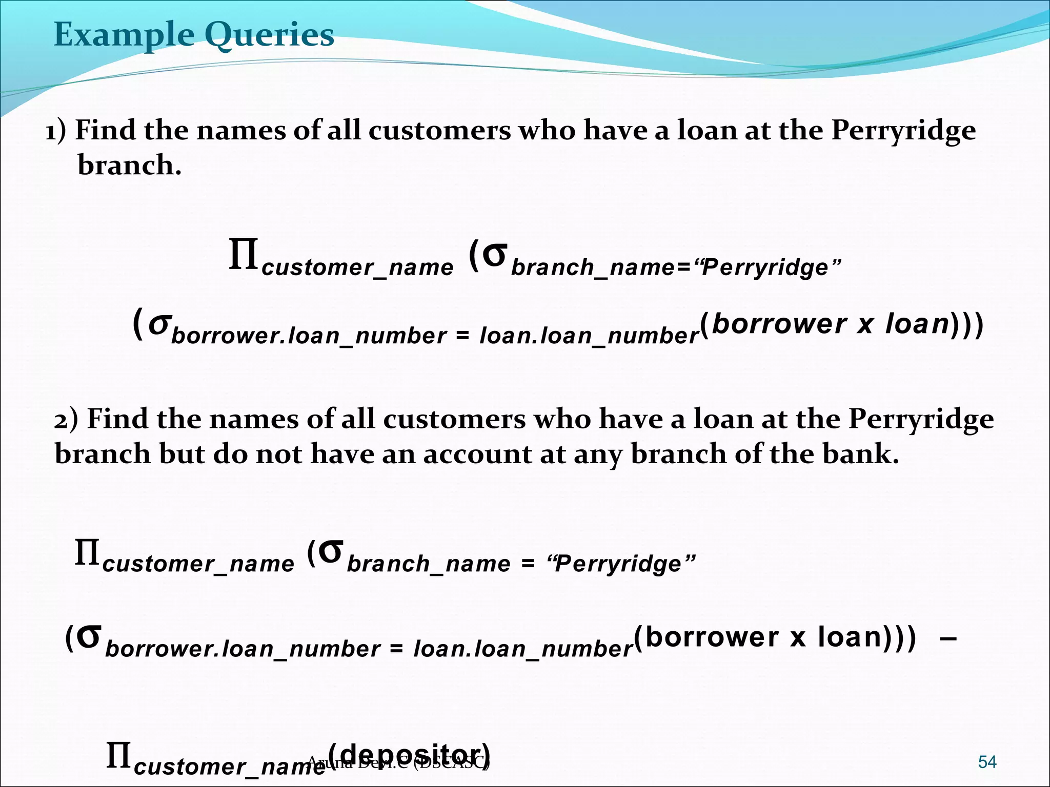Example Queries
1) Find the names of all customers who have a loan at the Perryridge
branch.
54
2) Find the names of all customers who have a loan at the Perryridge
branch but do not have an account at any branch of the bank.
∏customer_name (σbranch_name = “Perryridge”
(σborrower.loan_number = loan.loan_number(borrower x loan))) –
∏customer_name(depositor)
∏customer_name (σbranch_name=“Perryridge”
(σborrower.loan_number = loan.loan_number(borrower x loan)))
Aruna Devi.C (DSCASC)
 