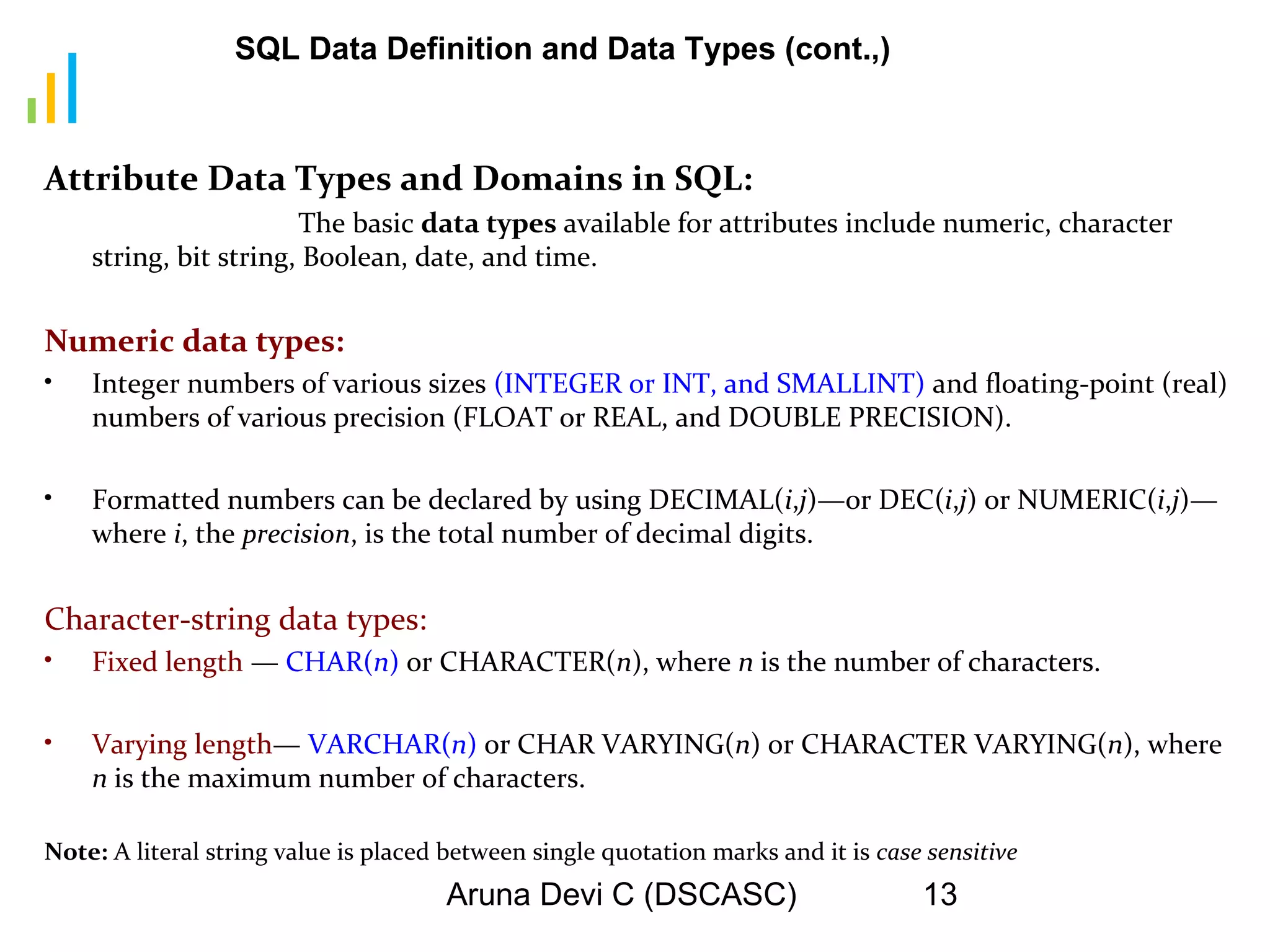 Aruna Devi C (DSCASC) 13
Attribute Data Types and Domains in SQL:
The basic data types available for attributes include numeric, character
string, bit string, Boolean, date, and time.
Numeric data types:
• Integer numbers of various sizes (INTEGER or INT, and SMALLINT) and floating-point (real)
numbers of various precision (FLOAT or REAL, and DOUBLE PRECISION).
• Formatted numbers can be declared by using DECIMAL(i,j)—or DEC(i,j) or NUMERIC(i,j)—
where i, the precision, is the total number of decimal digits.
Character-string data types:
• Fixed length — CHAR(n) or CHARACTER(n), where n is the number of characters.
• Varying length— VARCHAR(n) or CHAR VARYING(n) or CHARACTER VARYING(n), where
n is the maximum number of characters.
Note: A literal string value is placed between single quotation marks and it is case sensitive
SQL Data Definition and Data Types (cont.,)
 