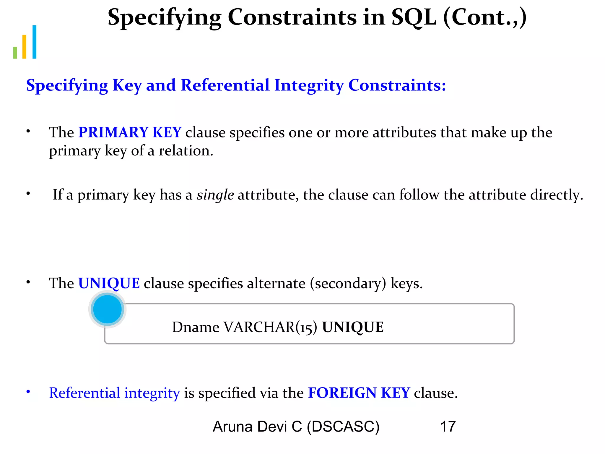 Aruna Devi C (DSCASC) 17
Specifying Key and Referential Integrity Constraints:
• The PRIMARY KEY clause specifies one or more attributes that make up the
primary key of a relation.
• If a primary key has a single attribute, the clause can follow the attribute directly.
• The UNIQUE clause specifies alternate (secondary) keys.
Dname VARCHAR(15) UNIQUE
• Referential integrity is specified via the FOREIGN KEY clause.
Specifying Constraints in SQL (Cont.,)
 