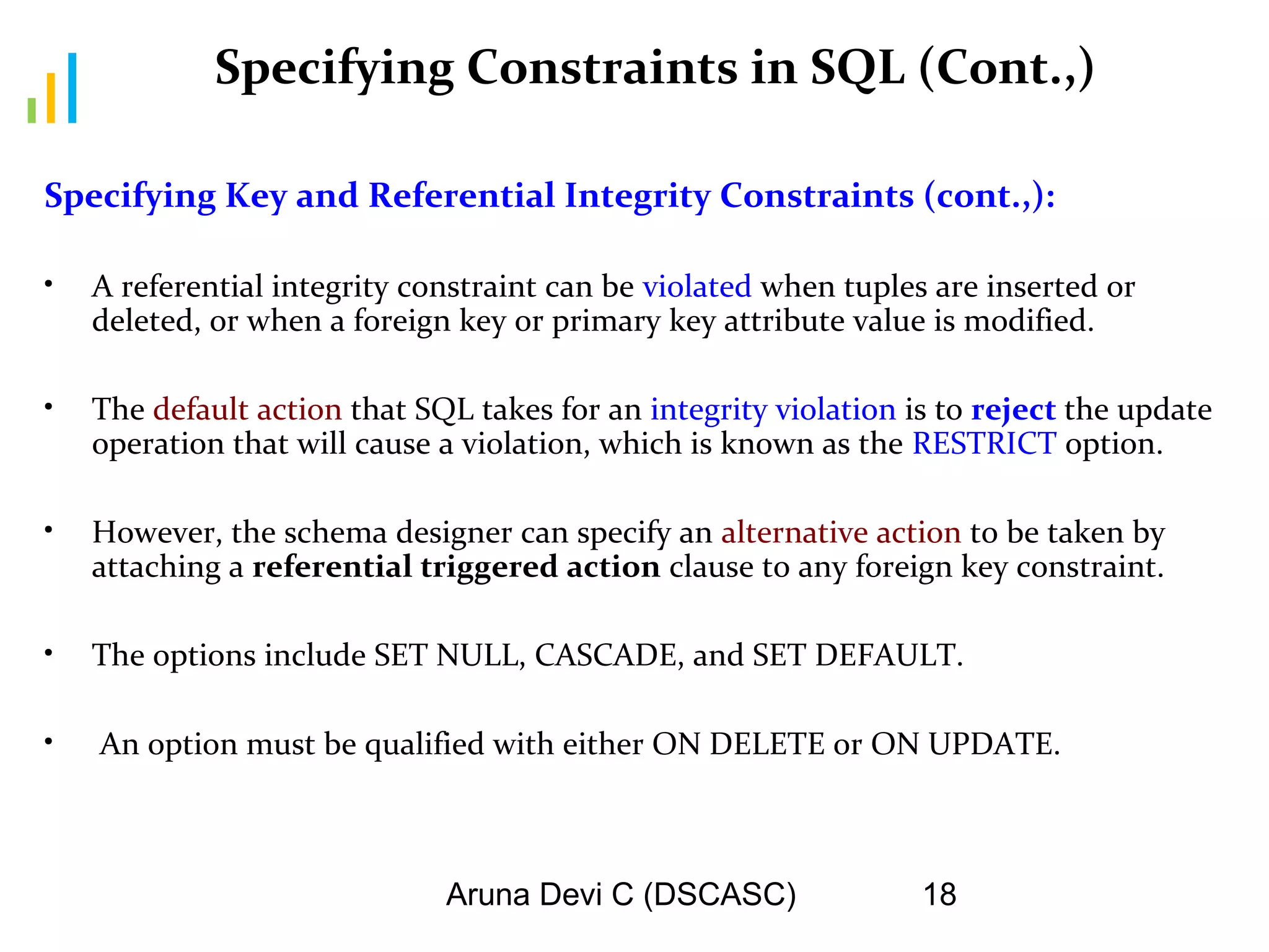 Aruna Devi C (DSCASC) 18
Specifying Key and Referential Integrity Constraints (cont.,):
• A referential integrity constraint can be violated when tuples are inserted or
deleted, or when a foreign key or primary key attribute value is modified.
• The default action that SQL takes for an integrity violation is to reject the update
operation that will cause a violation, which is known as the RESTRICT option.
• However, the schema designer can specify an alternative action to be taken by
attaching a referential triggered action clause to any foreign key constraint.
• The options include SET NULL, CASCADE, and SET DEFAULT.
• An option must be qualified with either ON DELETE or ON UPDATE.
Specifying Constraints in SQL (Cont.,)
 