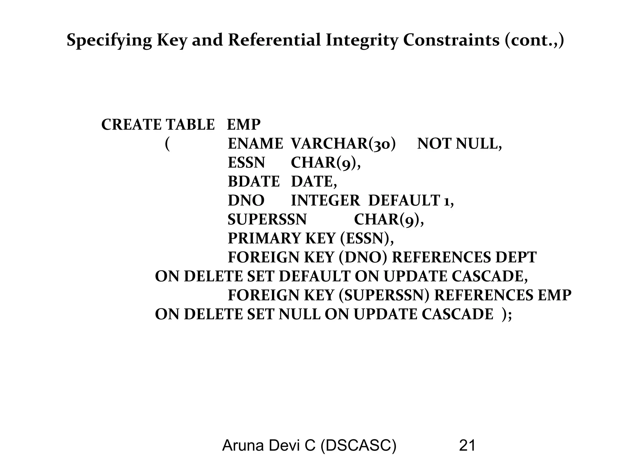 Aruna Devi C (DSCASC) 21
Specifying Key and Referential Integrity Constraints (cont.,)
CREATE TABLE EMP
( ENAME VARCHAR(30) NOT NULL,
ESSN CHAR(9),
BDATE DATE,
DNO INTEGER DEFAULT 1,
SUPERSSN CHAR(9),
PRIMARY KEY (ESSN),
FOREIGN KEY (DNO) REFERENCES DEPT
ON DELETE SET DEFAULT ON UPDATE CASCADE,
FOREIGN KEY (SUPERSSN) REFERENCES EMP
ON DELETE SET NULL ON UPDATE CASCADE );
 