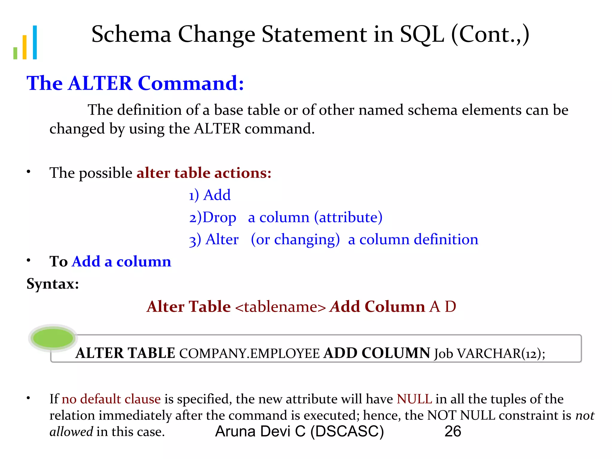 Aruna Devi C (DSCASC) 26
Schema Change Statement in SQL (Cont.,)
The ALTER Command:
The definition of a base table or of other named schema elements can be
changed by using the ALTER command.
• The possible alter table actions:
1) Add
2)Drop a column (attribute)
3) Alter (or changing) a column definition
• To Add a column
Syntax:
Alter Table <tablename> Add Column A D
ALTER TABLE COMPANY.EMPLOYEE ADD COLUMN Job VARCHAR(12);
• If no default clause is specified, the new attribute will have NULL in all the tuples of the
relation immediately after the command is executed; hence, the NOT NULL constraint is not
allowed in this case.
 