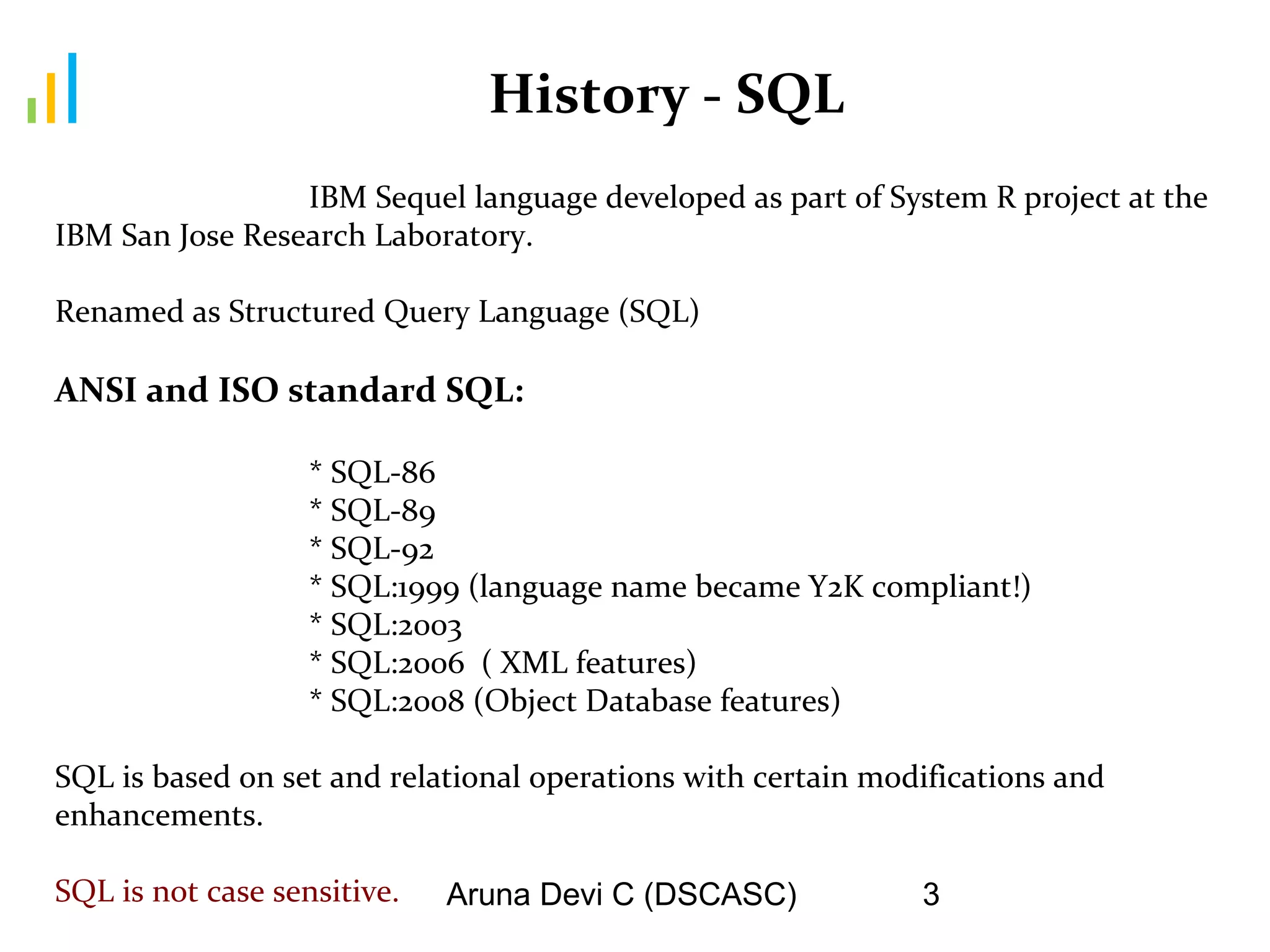 Aruna Devi C (DSCASC) 3
History - SQL
IBM Sequel language developed as part of System R project at the
IBM San Jose Research Laboratory.
Renamed as Structured Query Language (SQL)
ANSI and ISO standard SQL:
* SQL-86
* SQL-89
* SQL-92
* SQL:1999 (language name became Y2K compliant!)
* SQL:2003
* SQL:2006 ( XML features)
* SQL:2008 (Object Database features)
SQL is based on set and relational operations with certain modifications and
enhancements.
SQL is not case sensitive.
 