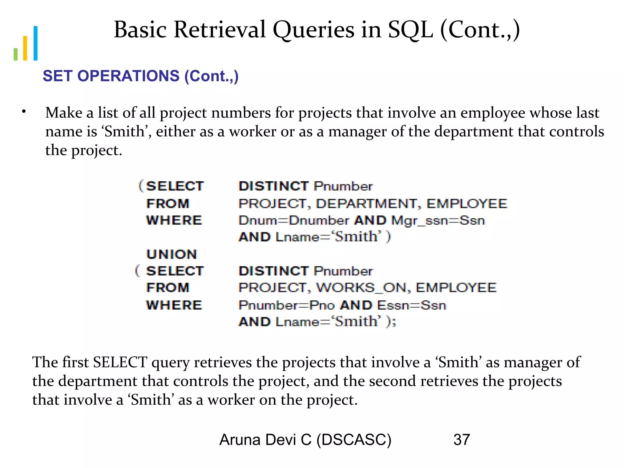 Aruna Devi C (DSCASC) 37
Basic Retrieval Queries in SQL (Cont.,)
• Make a list of all project numbers for projects that involve an employee whose last
name is ‘Smith’, either as a worker or as a manager of the department that controls
the project.
SET OPERATIONS (Cont.,)
The first SELECT query retrieves the projects that involve a ‘Smith’ as manager of
the department that controls the project, and the second retrieves the projects
that involve a ‘Smith’ as a worker on the project.
 