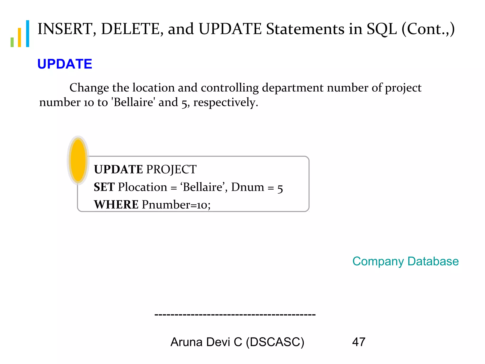 Aruna Devi C (DSCASC) 47
INSERT, DELETE, and UPDATE Statements in SQL (Cont.,)
Change the location and controlling department number of project
number 10 to 'Bellaire' and 5, respectively.
UPDATE PROJECT
SET Plocation = ‘Bellaire’, Dnum = 5
WHERE Pnumber=10;
UPDATE
----------------------------------------
Company Database
 