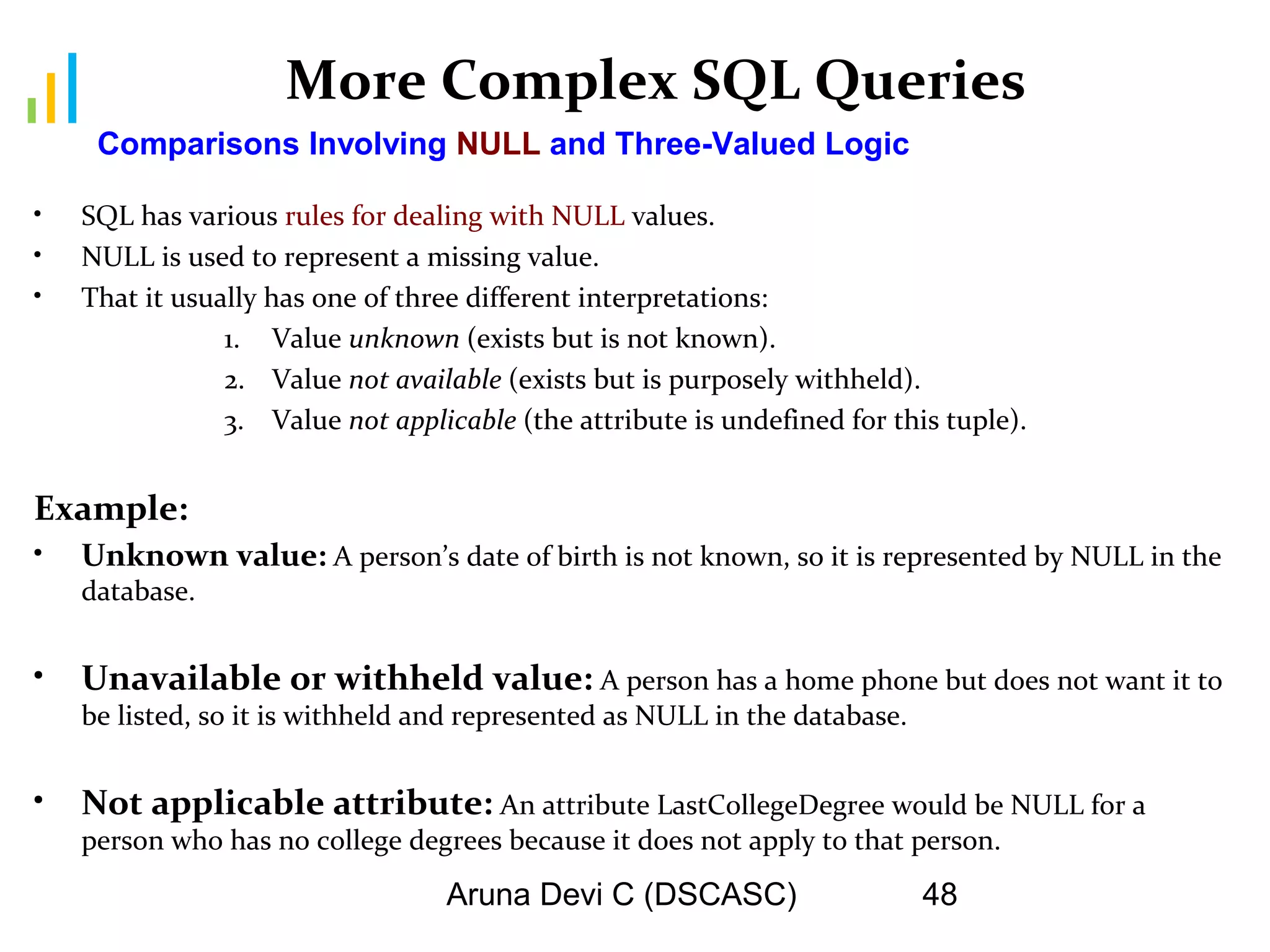 Aruna Devi C (DSCASC) 48
More Complex SQL Queries
• SQL has various rules for dealing with NULL values.
• NULL is used to represent a missing value.
• That it usually has one of three different interpretations:
1. Value unknown (exists but is not known).
2. Value not available (exists but is purposely withheld).
3. Value not applicable (the attribute is undefined for this tuple).
Example:
• Unknown value: A person’s date of birth is not known, so it is represented by NULL in the
database.
• Unavailable or withheld value: A person has a home phone but does not want it to
be listed, so it is withheld and represented as NULL in the database.
• Not applicable attribute: An attribute LastCollegeDegree would be NULL for a
person who has no college degrees because it does not apply to that person.
Comparisons Involving NULL and Three-Valued Logic
 