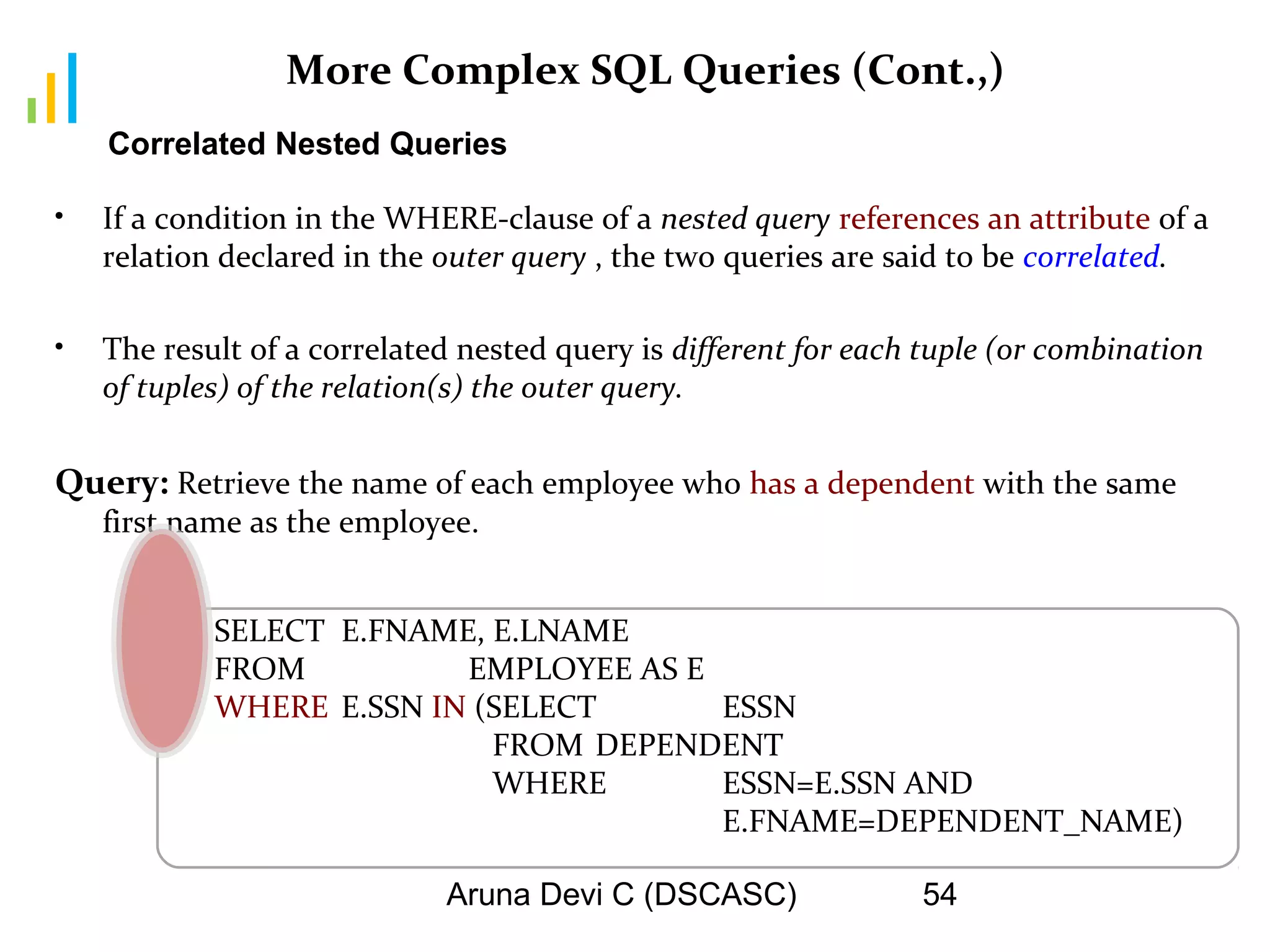 Aruna Devi C (DSCASC) 54
More Complex SQL Queries (Cont.,)
• If a condition in the WHERE-clause of a nested query references an attribute of a
relation declared in the outer query , the two queries are said to be correlated.
• The result of a correlated nested query is different for each tuple (or combination
of tuples) of the relation(s) the outer query.
Query: Retrieve the name of each employee who has a dependent with the same
first name as the employee.
Correlated Nested Queries
SELECT E.FNAME, E.LNAME
FROM EMPLOYEE AS E
WHERE E.SSN IN (SELECT ESSN
FROM DEPENDENT
WHERE ESSN=E.SSN AND
E.FNAME=DEPENDENT_NAME)
 