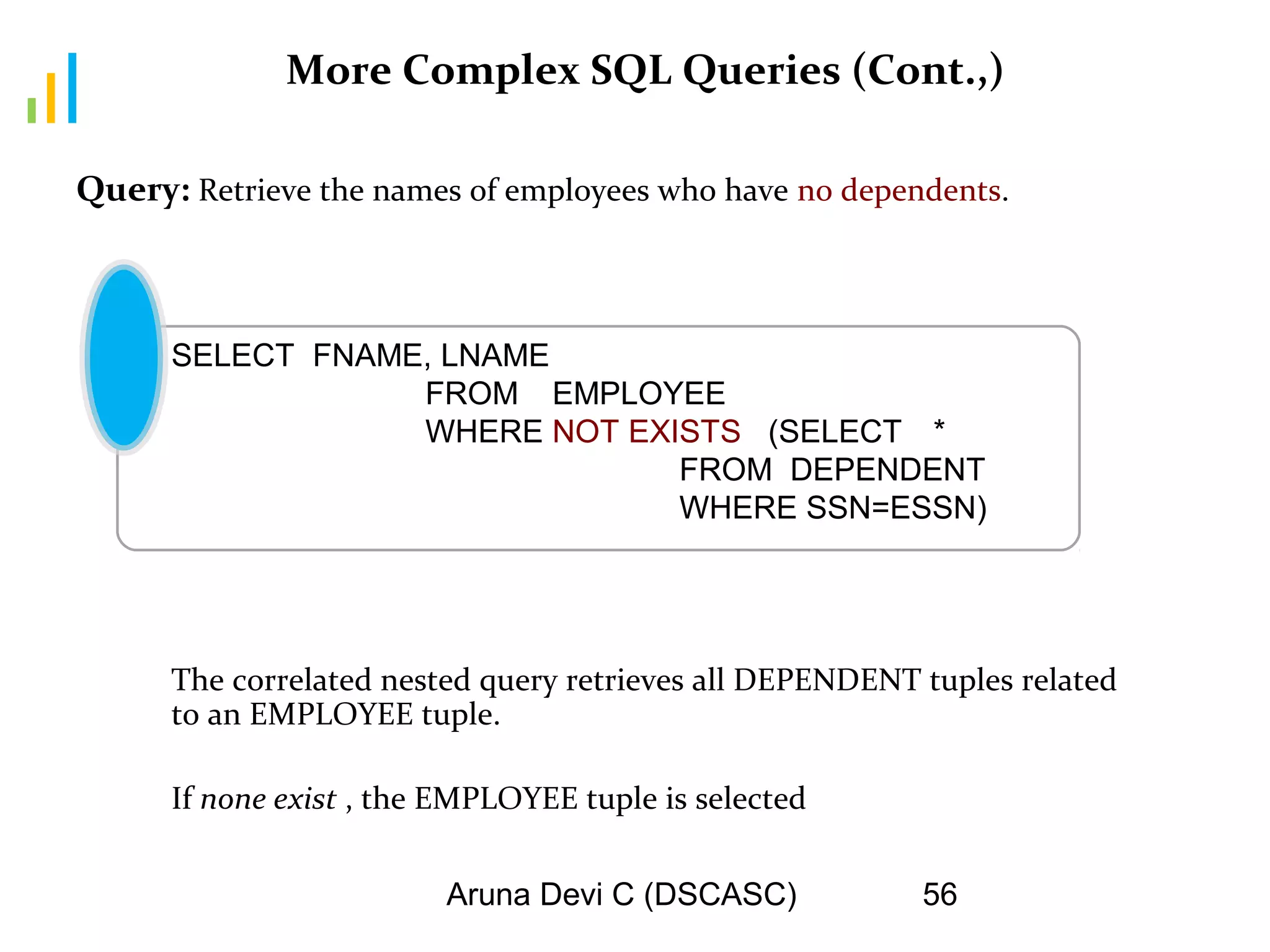 Aruna Devi C (DSCASC) 56
More Complex SQL Queries (Cont.,)
Query: Retrieve the names of employees who have no dependents.
SELECT FNAME, LNAME
FROM EMPLOYEE
WHERE NOT EXISTS (SELECT *
FROM DEPENDENT
WHERE SSN=ESSN)
The correlated nested query retrieves all DEPENDENT tuples related
to an EMPLOYEE tuple.
If none exist , the EMPLOYEE tuple is selected
 