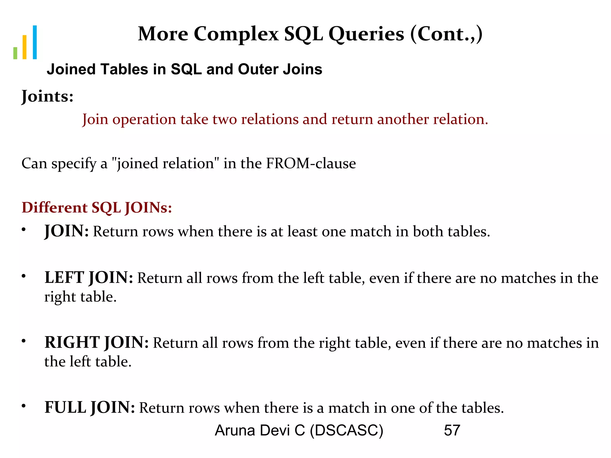 Aruna Devi C (DSCASC) 57
More Complex SQL Queries (Cont.,)
Joints:
Join operation take two relations and return another relation.
Can specify a "joined relation" in the FROM-clause
Different SQL JOINs:
• JOIN: Return rows when there is at least one match in both tables.
• LEFT JOIN: Return all rows from the left table, even if there are no matches in the
right table.
• RIGHT JOIN: Return all rows from the right table, even if there are no matches in
the left table.
• FULL JOIN: Return rows when there is a match in one of the tables.
Joined Tables in SQL and Outer Joins
 