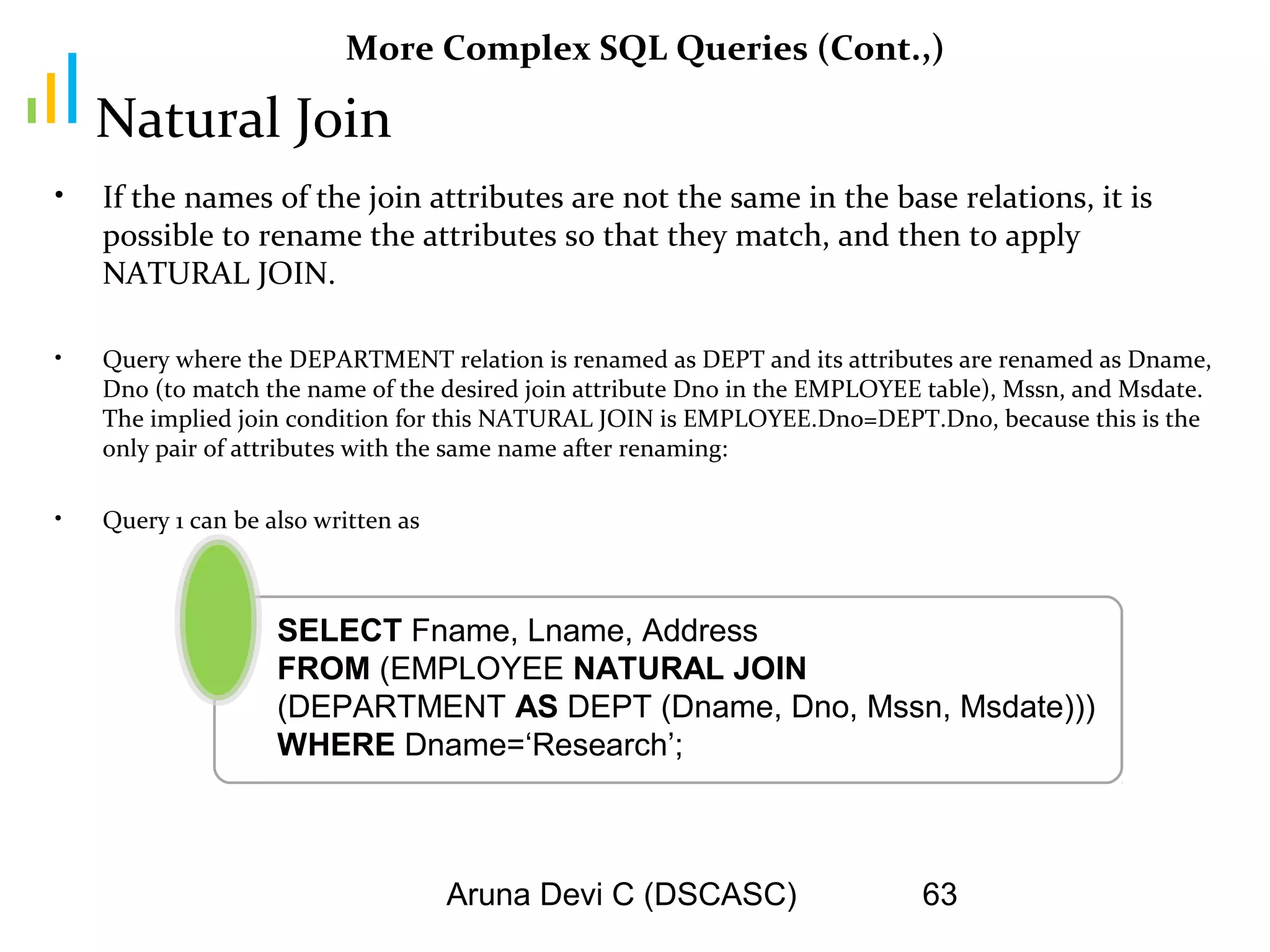 Aruna Devi C (DSCASC) 63
More Complex SQL Queries (Cont.,)
• If the names of the join attributes are not the same in the base relations, it is
possible to rename the attributes so that they match, and then to apply
NATURAL JOIN.
• Query where the DEPARTMENT relation is renamed as DEPT and its attributes are renamed as Dname,
Dno (to match the name of the desired join attribute Dno in the EMPLOYEE table), Mssn, and Msdate.
The implied join condition for this NATURAL JOIN is EMPLOYEE.Dno=DEPT.Dno, because this is the
only pair of attributes with the same name after renaming:
• Query 1 can be also written as
Natural Join
SELECT Fname, Lname, Address
FROM (EMPLOYEE NATURAL JOIN
(DEPARTMENT AS DEPT (Dname, Dno, Mssn, Msdate)))
WHERE Dname=‘Research’;
 