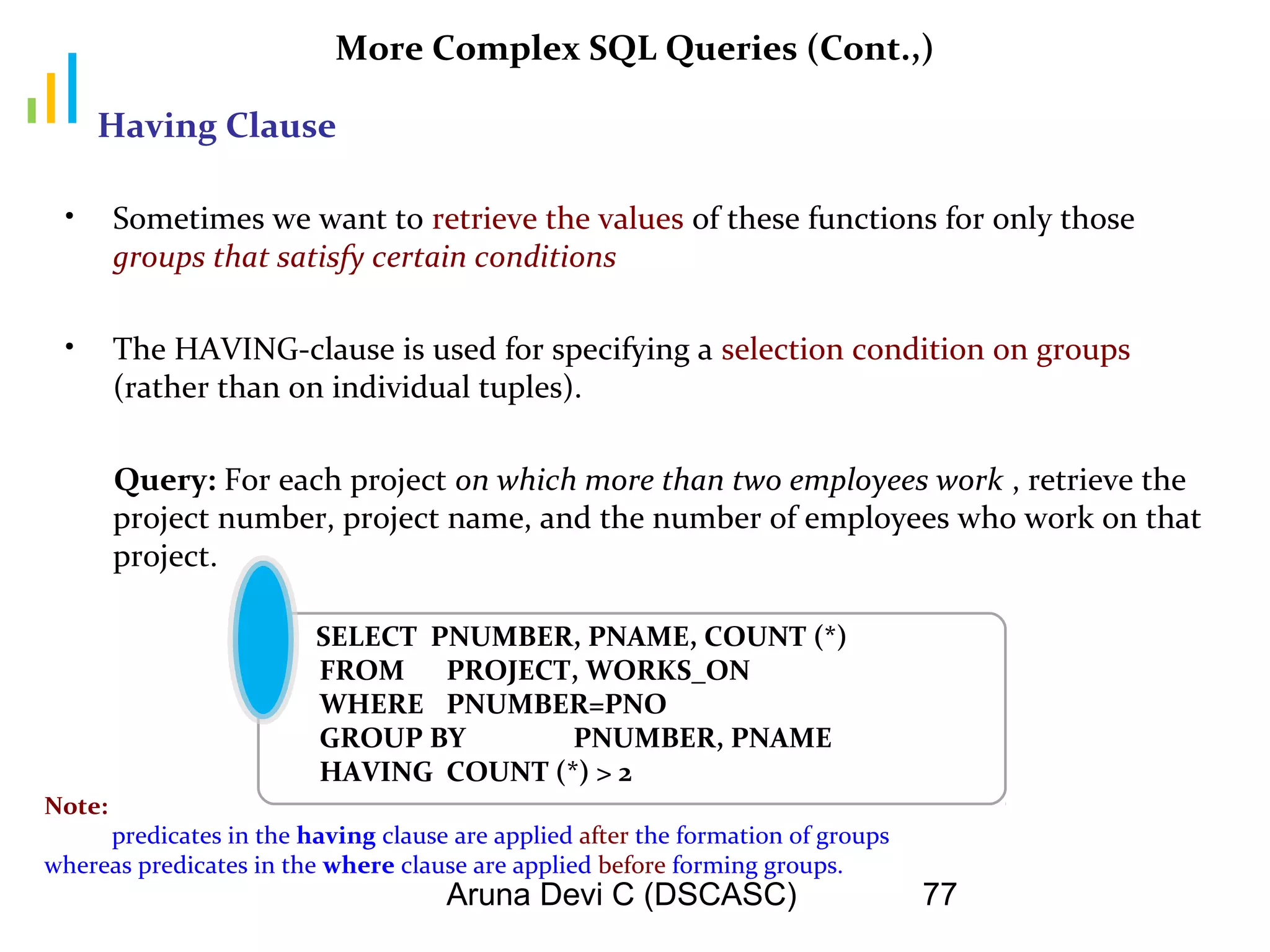 Aruna Devi C (DSCASC) 77
More Complex SQL Queries (Cont.,)
• Sometimes we want to retrieve the values of these functions for only those
groups that satisfy certain conditions
• The HAVING-clause is used for specifying a selection condition on groups
(rather than on individual tuples).
Query: For each project on which more than two employees work , retrieve the
project number, project name, and the number of employees who work on that
project.
SELECT PNUMBER, PNAME, COUNT (*)
FROM PROJECT, WORKS_ON
WHERE PNUMBER=PNO
GROUP BY PNUMBER, PNAME
HAVING COUNT (*) > 2
Having Clause
Note:
predicates in the having clause are applied after the formation of groups
whereas predicates in the where clause are applied before forming groups.
 
