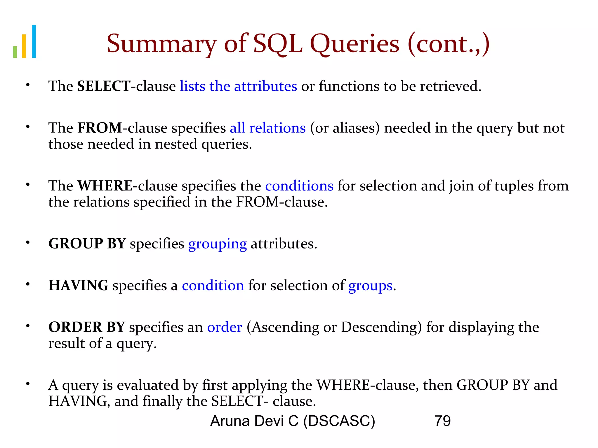 Aruna Devi C (DSCASC) 79
Summary of SQL Queries (cont.,)
• The SELECT-clause lists the attributes or functions to be retrieved.
• The FROM-clause specifies all relations (or aliases) needed in the query but not
those needed in nested queries.
• The WHERE-clause specifies the conditions for selection and join of tuples from
the relations specified in the FROM-clause.
• GROUP BY specifies grouping attributes.
• HAVING specifies a condition for selection of groups.
• ORDER BY specifies an order (Ascending or Descending) for displaying the
result of a query.
• A query is evaluated by first applying the WHERE-clause, then GROUP BY and
HAVING, and finally the SELECT- clause.
 