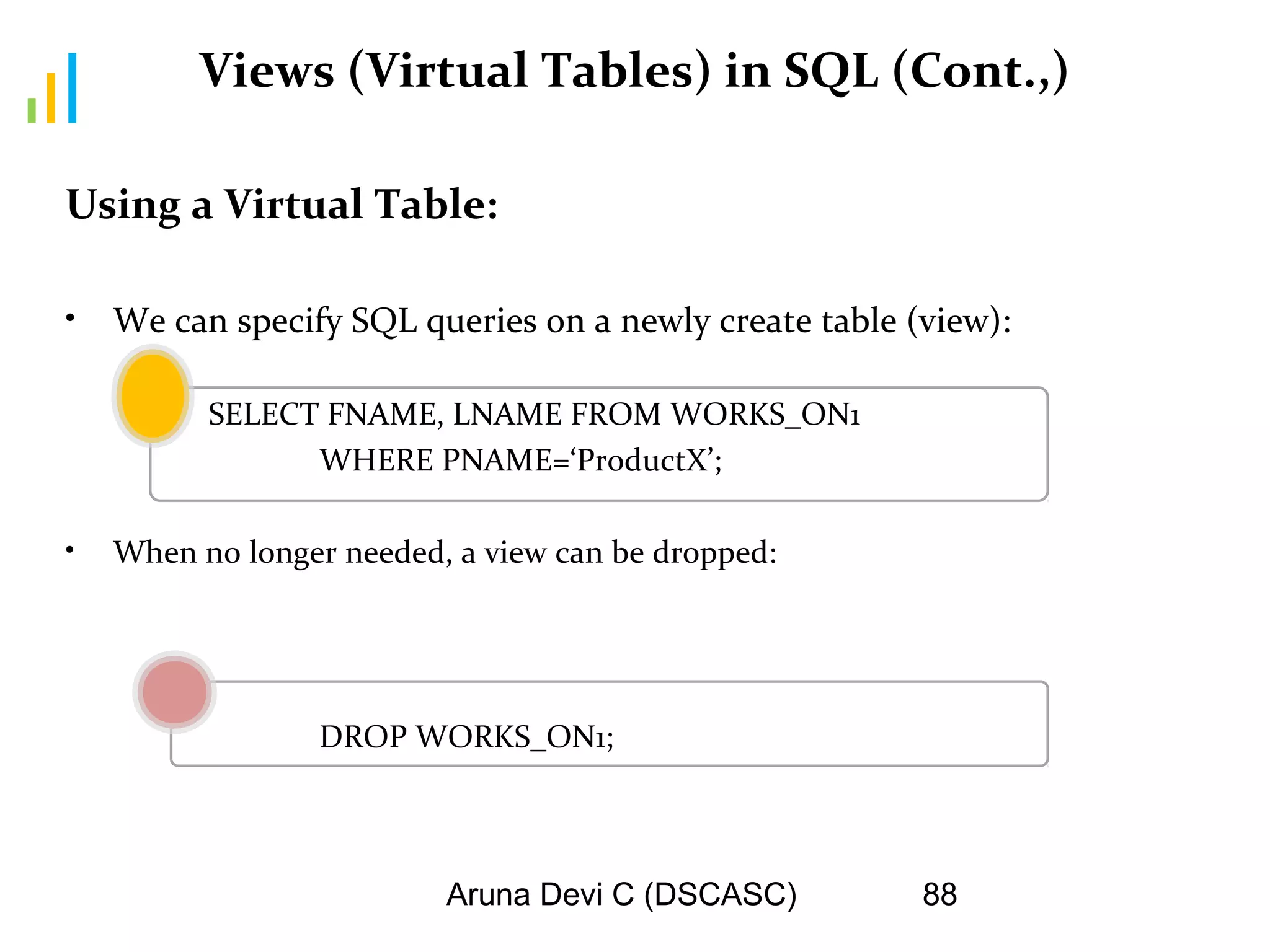 Aruna Devi C (DSCASC) 88
Views (Virtual Tables) in SQL (Cont.,)
Using a Virtual Table:
• We can specify SQL queries on a newly create table (view):
SELECT FNAME, LNAME FROM WORKS_ON1
WHERE PNAME=‘ProductX’;
• When no longer needed, a view can be dropped:
DROP WORKS_ON1;
 
