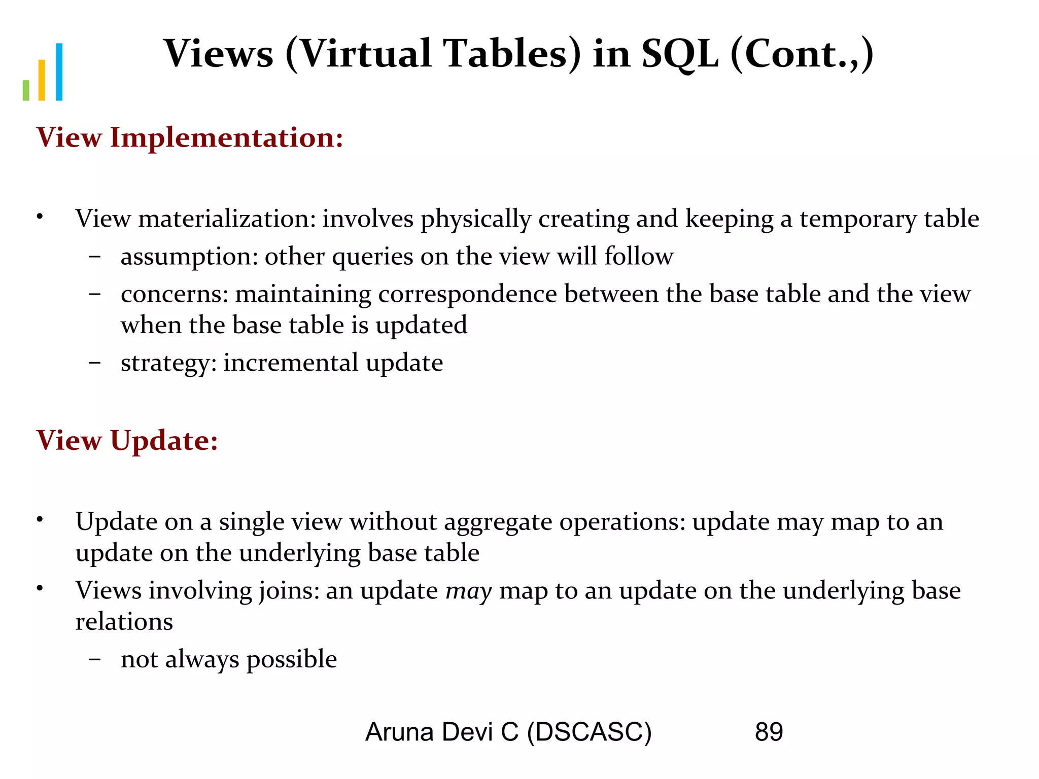 Aruna Devi C (DSCASC) 89
Views (Virtual Tables) in SQL (Cont.,)
View Implementation:
• View materialization: involves physically creating and keeping a temporary table
– assumption: other queries on the view will follow
– concerns: maintaining correspondence between the base table and the view
when the base table is updated
– strategy: incremental update
View Update:
• Update on a single view without aggregate operations: update may map to an
update on the underlying base table
• Views involving joins: an update may map to an update on the underlying base
relations
– not always possible
 