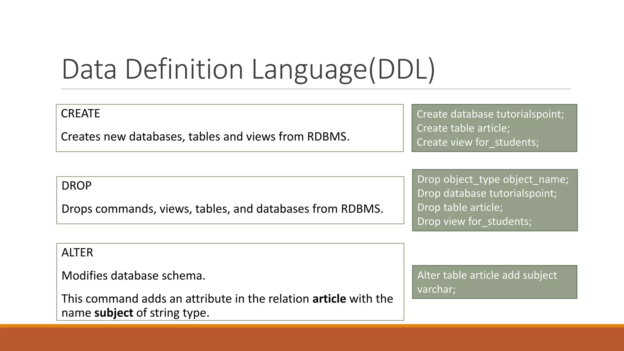 Data Definition Language(DDL)
CREATE
Creates new databases, tables and views from RDBMS.
Create database tutorialspoint;
Create table article;
Create view for_students;
DROP
Drops commands, views, tables, and databases from RDBMS.
Drop object_type object_name;
Drop database tutorialspoint;
Drop table article;
Drop view for_students;
ALTER
Modifies database schema.
This command adds an attribute in the relation article with the
name subject of string type.
Alter table article add subject
varchar;
 