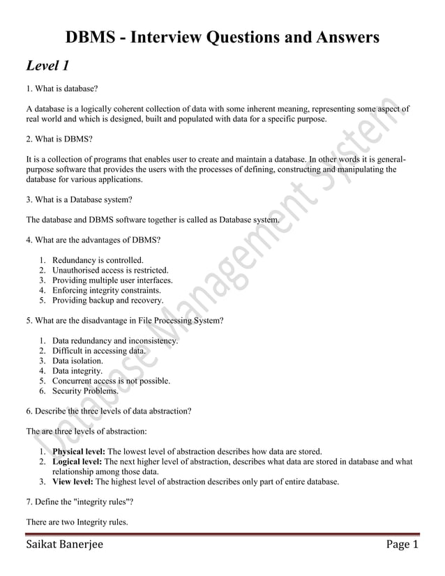 Dbms Interview Question And Answer | PDF