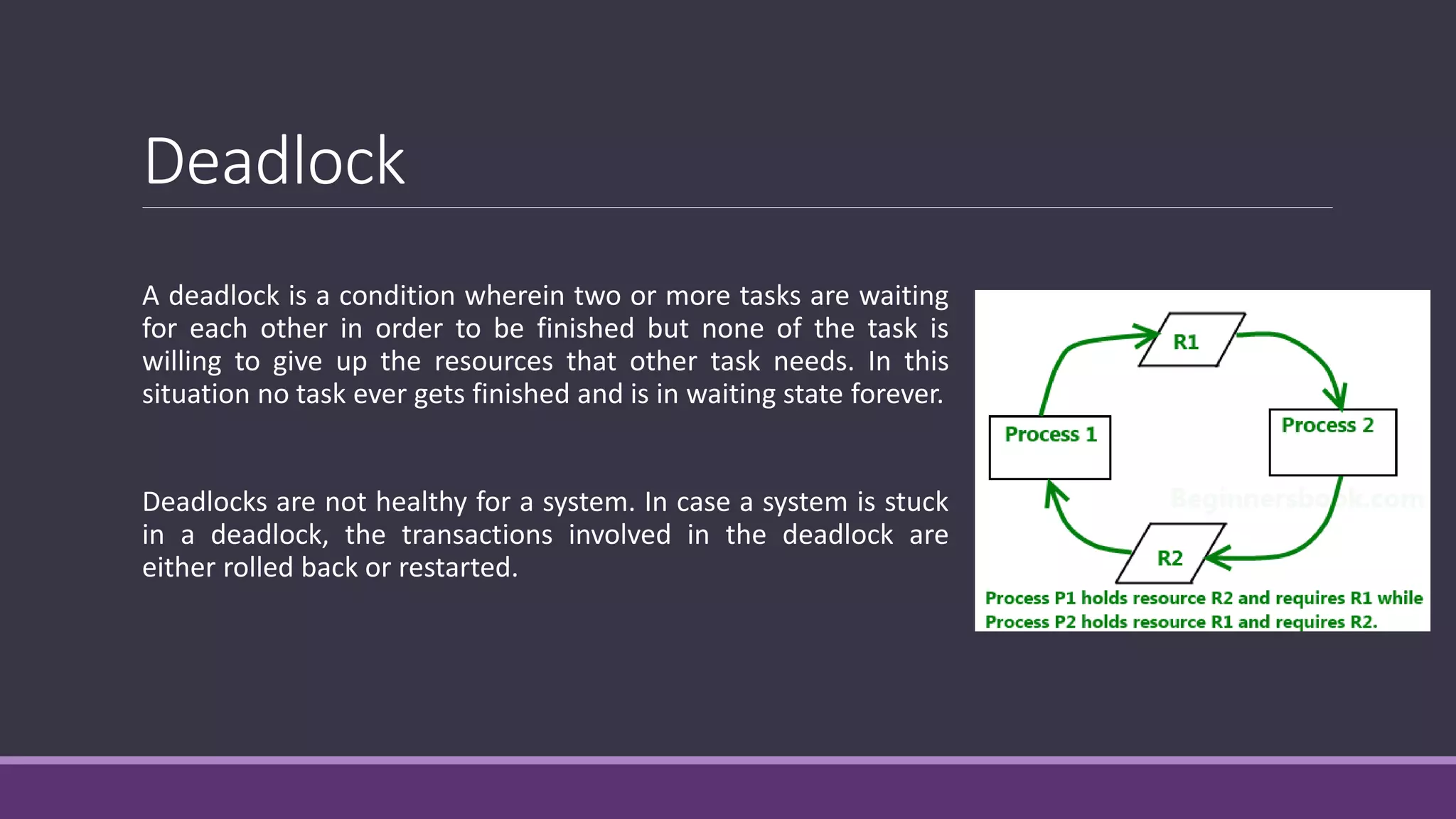 Deadlock
A deadlock is a condition wherein two or more tasks are waiting
for each other in order to be finished but none of the task is
willing to give up the resources that other task needs. In this
situation no task ever gets finished and is in waiting state forever.
Deadlocks are not healthy for a system. In case a system is stuck
in a deadlock, the transactions involved in the deadlock are
either rolled back or restarted.
 