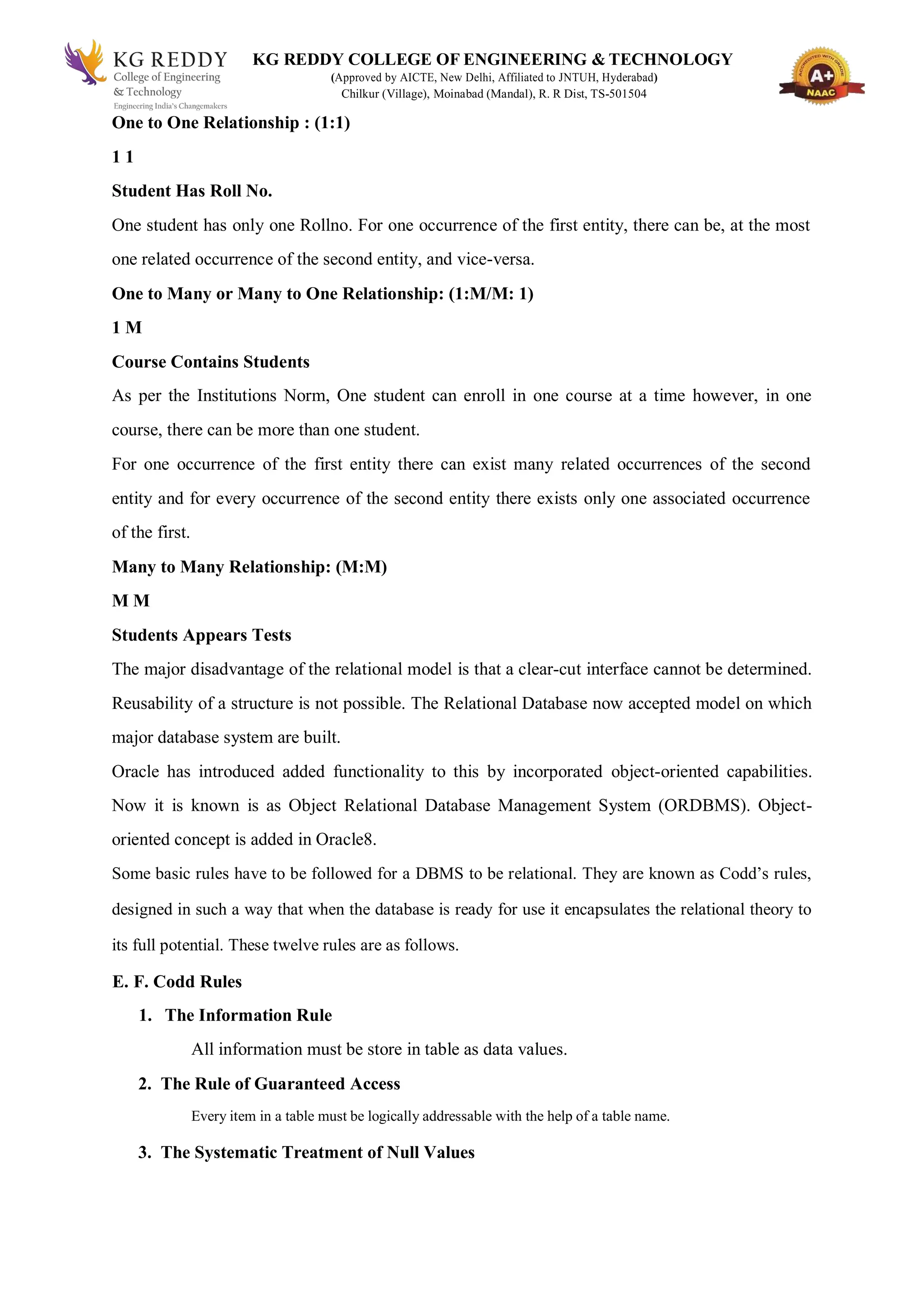 KG REDDY COLLEGE OF ENGINEERING & TECHNOLOGY
(Approved by AICTE, New Delhi, Affiliated to JNTUH, Hyderabad)
Chilkur (Village), Moinabad (Mandal), R. R Dist, TS-501504
One to One Relationship : (1:1)
1 1
Student Has Roll No.
One student has only one Rollno. For one occurrence of the first entity, there can be, at the most
one related occurrence of the second entity, and vice-versa.
One to Many or Many to One Relationship: (1:M/M: 1)
1 M
Course Contains Students
As per the Institutions Norm, One student can enroll in one course at a time however, in one
course, there can be more than one student.
For one occurrence of the first entity there can exist many related occurrences of the second
entity and for every occurrence of the second entity there exists only one associated occurrence
of the first.
Many to Many Relationship: (M:M)
M M
Students Appears Tests
The major disadvantage of the relational model is that a clear-cut interface cannot be determined.
Reusability of a structure is not possible. The Relational Database now accepted model on which
major database system are built.
Oracle has introduced added functionality to this by incorporated object-oriented capabilities.
Now it is known is as Object Relational Database Management System (ORDBMS). Object-
oriented concept is added in Oracle8.
Some basic rules have to be followed for a DBMS to be relational. They are known as Codd’s rules,
designed in such a way that when the database is ready for use it encapsulates the relational theory to
its full potential. These twelve rules are as follows.
E. F. Codd Rules
1. The Information Rule
All information must be store in table as data values.
2. The Rule of Guaranteed Access
Every item in a table must be logically addressable with the help of a table name.
3. The Systematic Treatment of Null Values
 