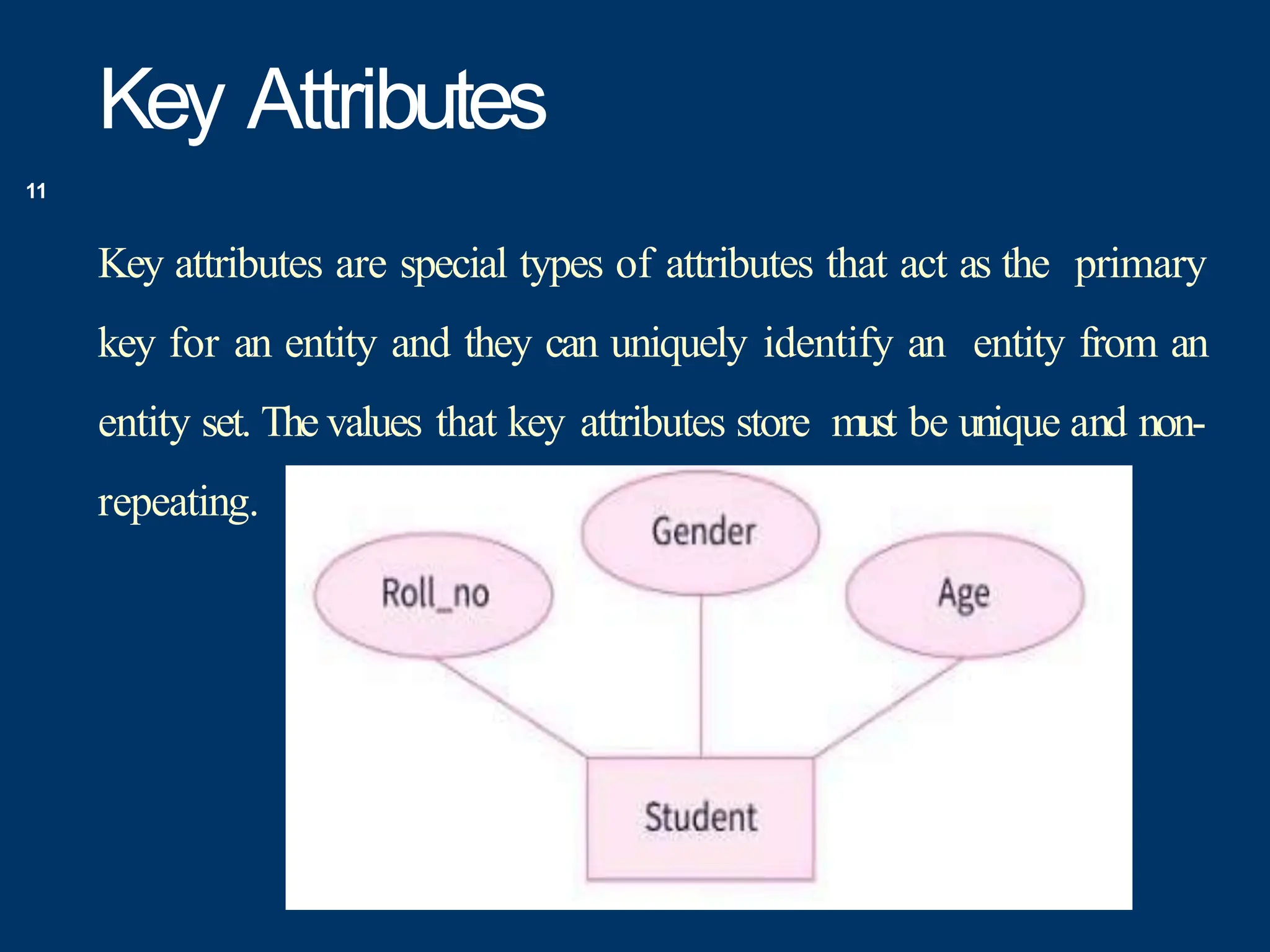 Key Attributes
11
Key attributes are special types of attributes that act as the primary
key for an entity and they can uniquely identify an entity from an
entity set. The values that key attributes store must be unique and non-
repeating.
 