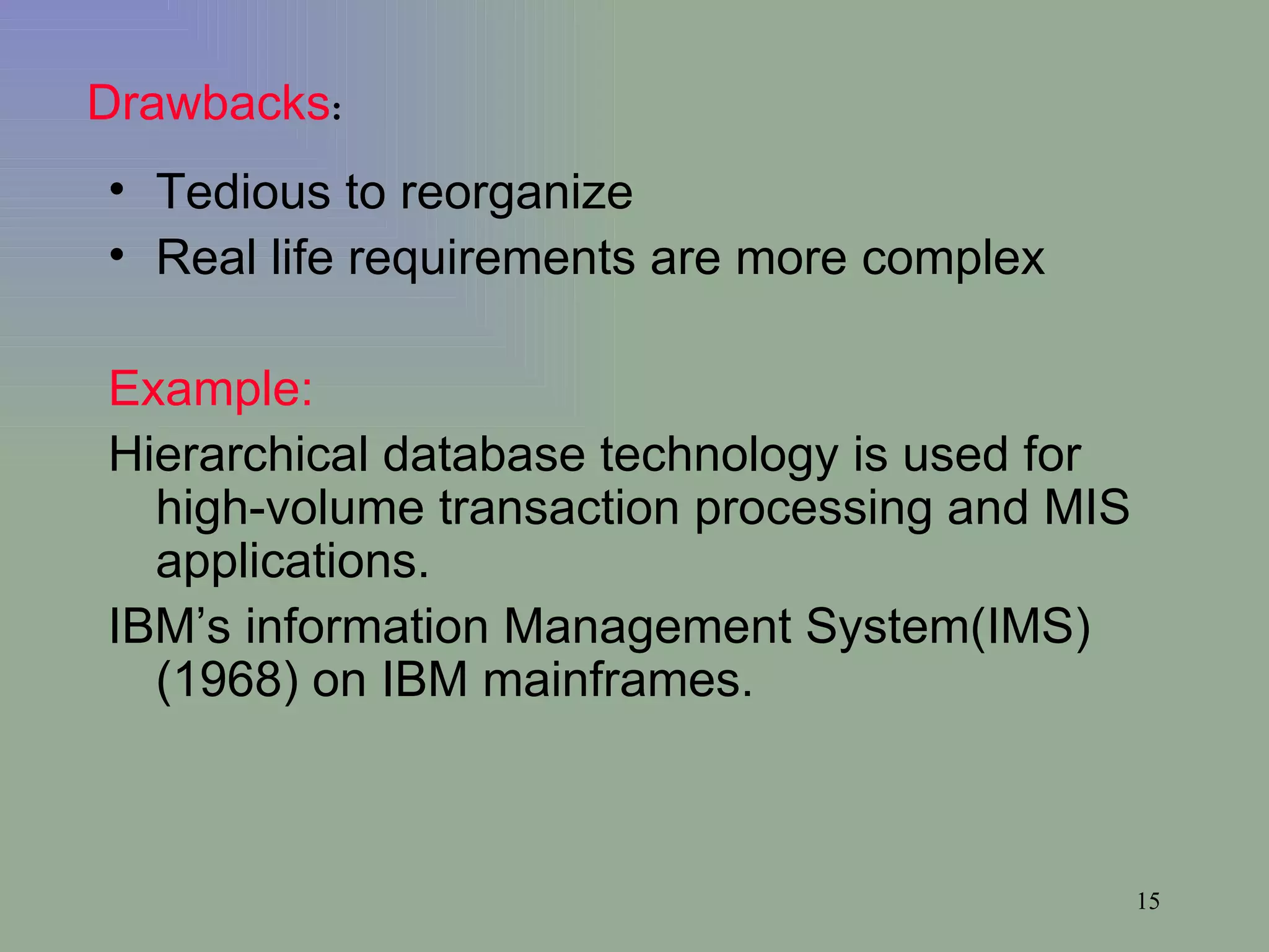 Tedious to reorganize Real life requirements are more complex Example: Hierarchical database technology is used for high-volume transaction processing and MIS applications. IBM’s information Management System(IMS) (1968) on IBM mainframes. Drawbacks : 