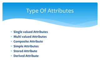  Single valued Attributes
 Multi valued Attributes
 Composite Attribute
 Simple Attributes
 Stored Attribute
 Derived Attribute
Type Of Attributes
 