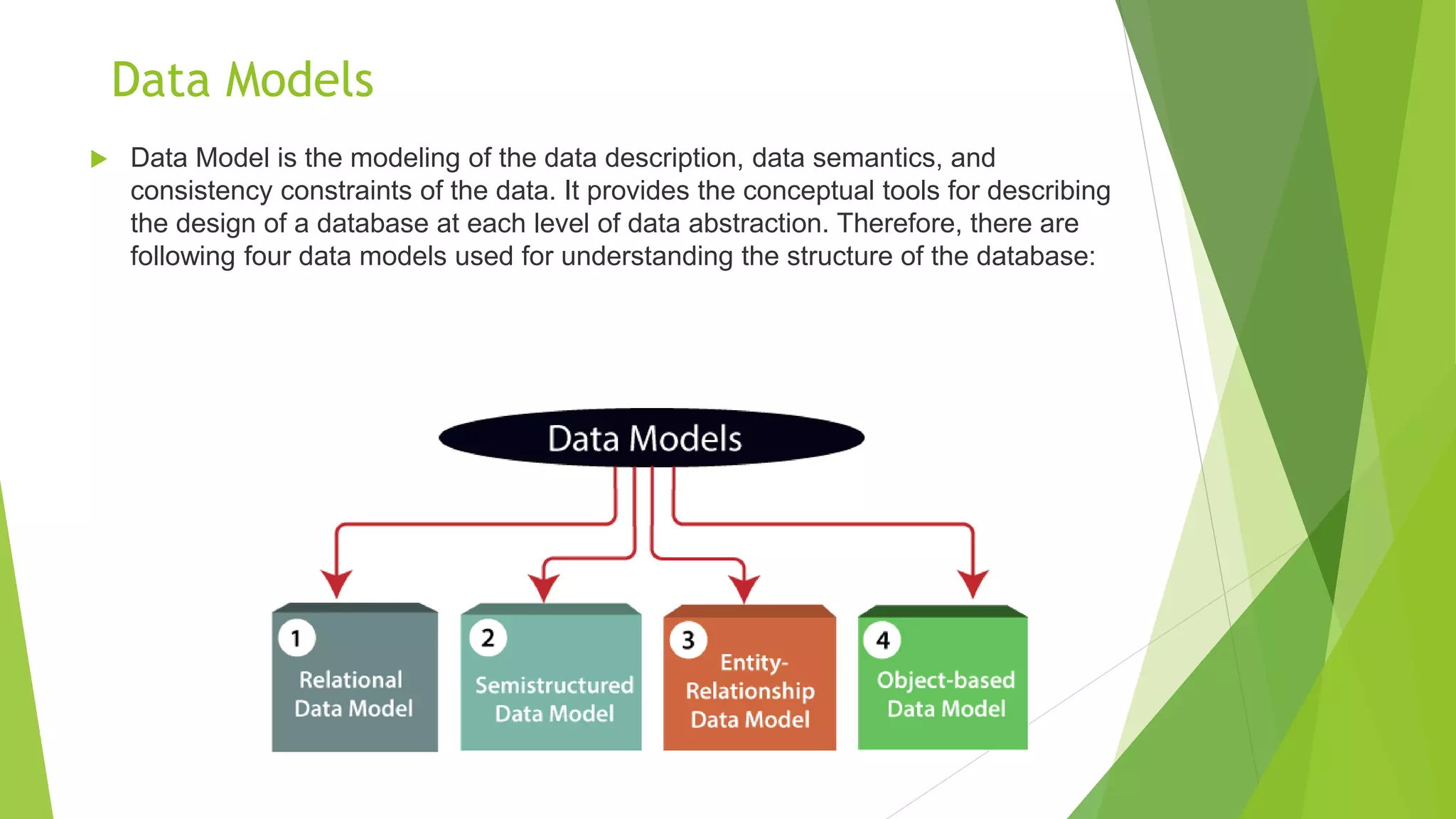 Data Models
 Data Model is the modeling of the data description, data semantics, and
consistency constraints of the data. It provides the conceptual tools for describing
the design of a database at each level of data abstraction. Therefore, there are
following four data models used for understanding the structure of the database:
 