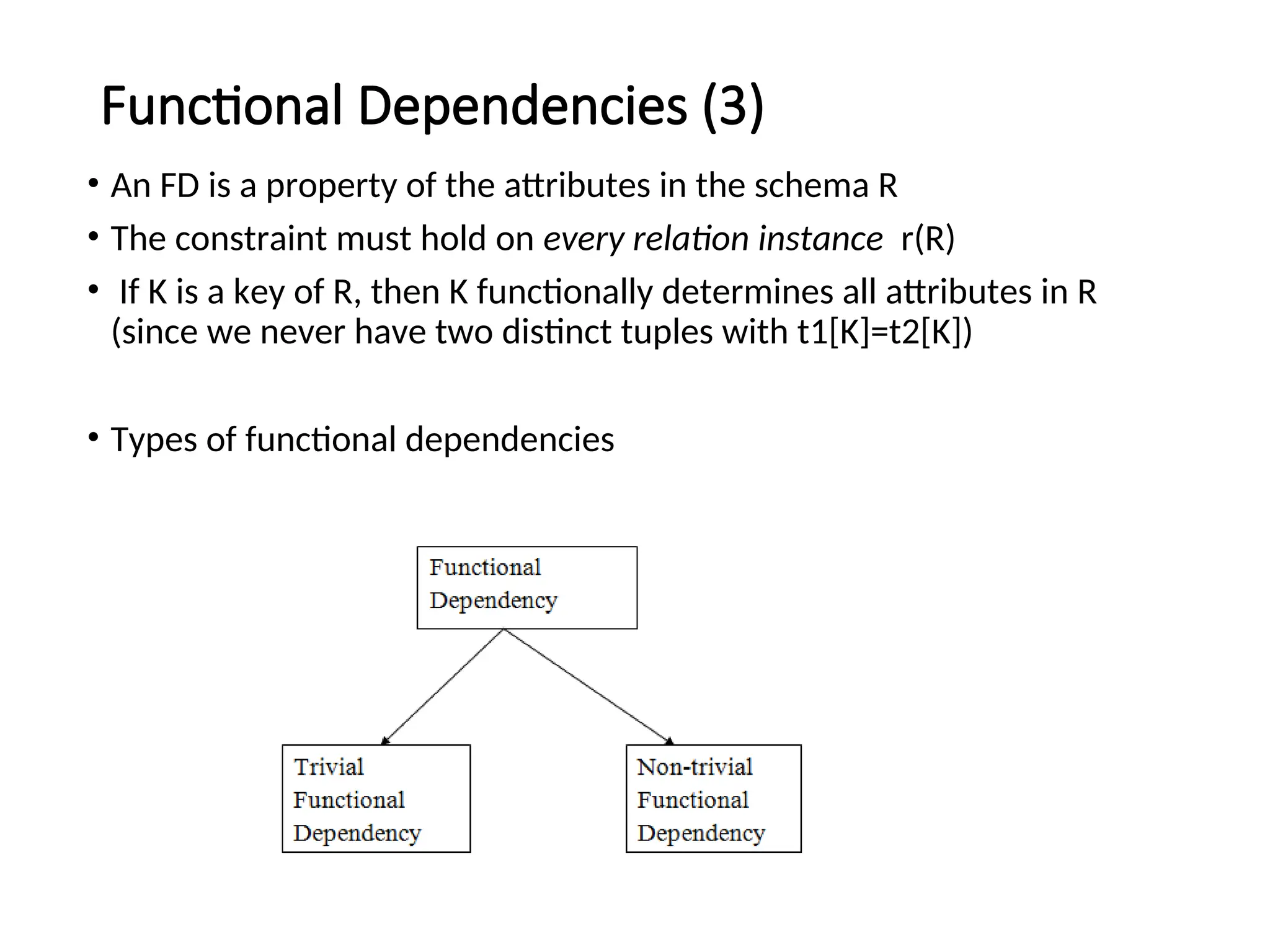 Functional Dependencies (3) • An FD is a property of the attributes in the schema R • The constraint must hold on every relation instance r(R) • If K is a key of R, then K functionally determines all attributes in R (since we never have two distinct tuples with t1[K]=t2[K]) • Types of functional dependencies 