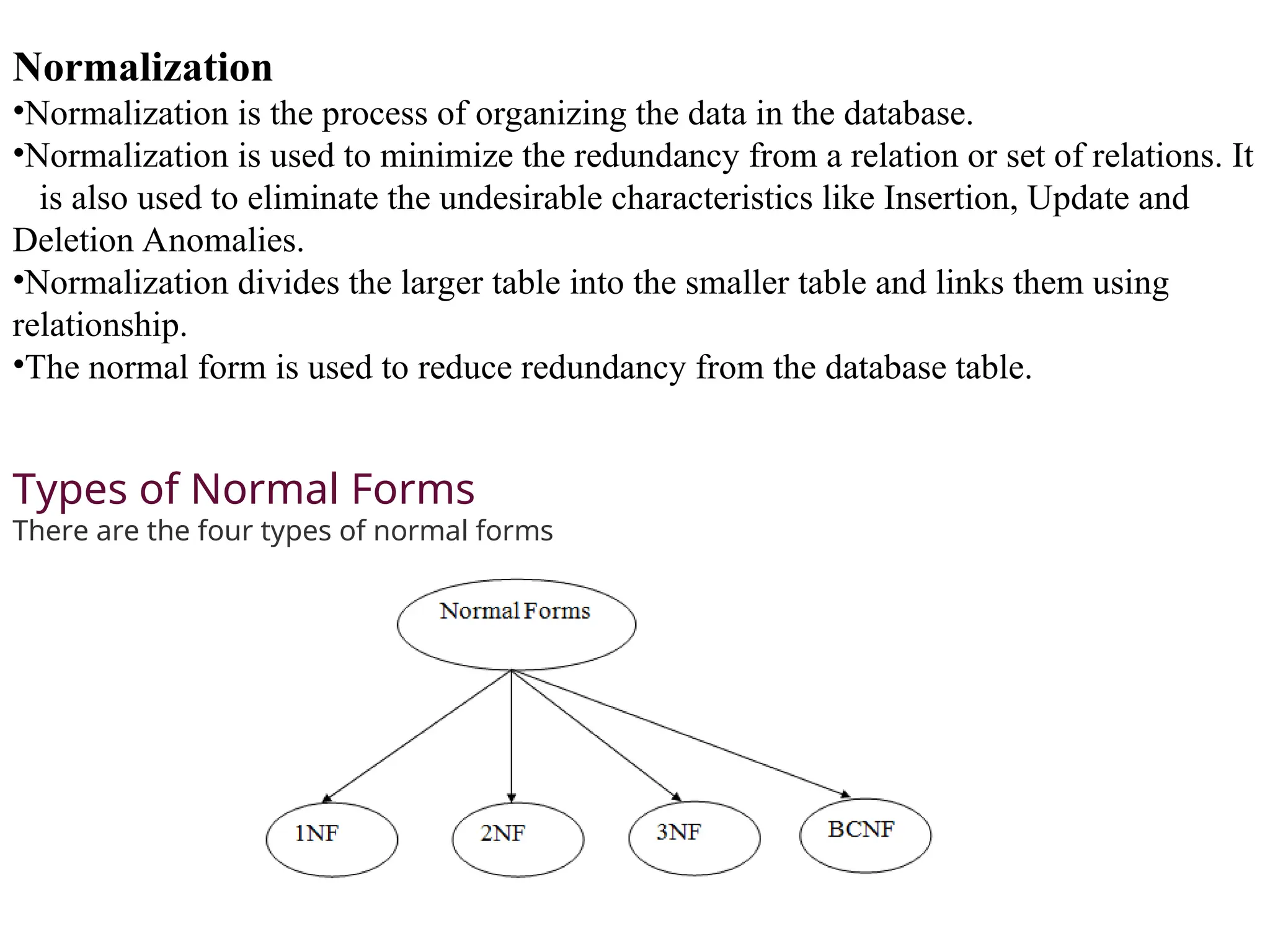 Normalization •Normalization is the process of organizing the data in the database. •Normalization is used to minimize the redundancy from a relation or set of relations. It is also used to eliminate the undesirable characteristics like Insertion, Update and Deletion Anomalies. •Normalization divides the larger table into the smaller table and links them using relationship. •The normal form is used to reduce redundancy from the database table. Types of Normal Forms There are the four types of normal forms 