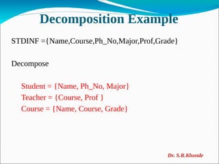Decomposition Example
STDINF ={Name,Course,Ph_No,Major,Prof,Grade}
Decompose
Student = {Name, Ph_No, Major}
Teacher = {Course, Prof }
Course = {Name, Course, Grade}
Dr. S.R.Khonde
 