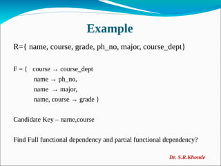 Example
R={ name, course, grade, ph_no, major, course_dept}
F = { course → course_dept
name → ph_no,
name → major,
name, course → grade }
Candidate Key – name,course
Find Full functional dependency and partial functional dependency?
Dr. S.R.Khonde
 