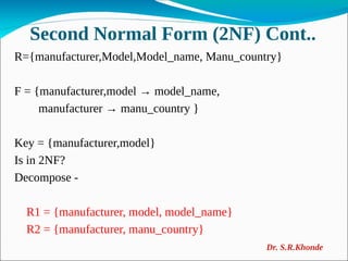 Second Normal Form (2NF) Cont..
R={manufacturer,Model,Model_name, Manu_country}
F = {manufacturer,model → model_name,
manufacturer → manu_country }
Key = {manufacturer,model}
Is in 2NF?
Decompose -
R1 = {manufacturer, model, model_name}
R2 = {manufacturer, manu_country}
Dr. S.R.Khonde
 