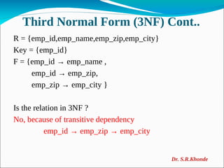 Third Normal Form (3NF) Cont..
R = {emp_id,emp_name,emp_zip,emp_city}
Key = {emp_id}
F = {emp_id → emp_name ,
emp_id → emp_zip,
emp_zip → emp_city }
Is the relation in 3NF ?
No, because of transitive dependency
emp_id → emp_zip → emp_city
Dr. S.R.Khonde
 