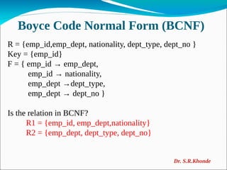Boyce Code Normal Form (BCNF)
R = {emp_id,emp_dept, nationality, dept_type, dept_no }
Key = {emp_id}
F = { emp_id → emp_dept,
emp_id → nationality,
emp_dept →dept_type,
emp_dept → dept_no }
Is the relation in BCNF?
R1 = {emp_id, emp_dept,nationality}
R2 = {emp_dept, dept_type, dept_no}
Dr. S.R.Khonde
 