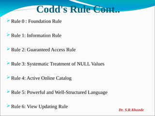 Codd's Rule Cont..
Rule 0 : Foundation Rule
Rule 1: Information Rule
Rule 2: Guaranteed Access Rule
Rule 3: Systematic Treatment of NULL Values
Rule 4: Active Online Catalog
Rule 5: Powerful and Well-Structured Language
Rule 6: View Updating Rule
Dr. S.R.Khonde
 
