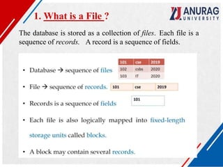 The database is stored as a collection of files. Each file is a
sequence of records. A record is a sequence of fields.
1. What is a File ?
 