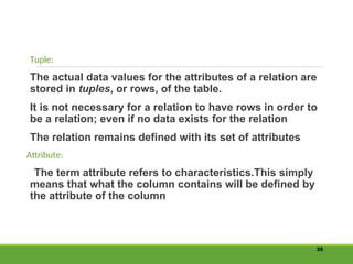Tuple:
The actual data values for the attributes of a relation are
stored in tuples, or rows, of the table.
It is not necessary for a relation to have rows in order to
be a relation; even if no data exists for the relation
The relation remains defined with its set of attributes
Attribute:
The term attribute refers to characteristics.This simply
means that what the column contains will be defined by
the attribute of the column
35
 