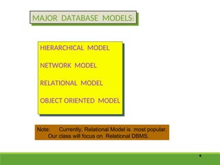 6
MAJOR DATABASE MODELS:
HIERARCHICAL MODEL
NETWORK MODEL
RELATIONAL MODEL
OBJECT ORIENTED MODEL
Note: Currently, Relational Model is most popular.
Our class will focus on Relational DBMS.
 