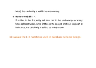b) Explain the E-R notations used in database schema design.
 