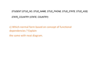 c) Which normal form based on concept of functional
dependencies ? Explain
the same with neat diagram.
 