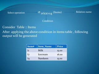 σ price>14 (Items)
Consider Table :: Items
After applying the above condition in items table , following
output will be generated
Condition
Relation name
Select operation
Item# Item_Name Price
I1 Milk 15.00
I7 Icecream 16.00
I9 Namkeen 15.00
 