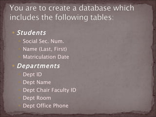 Students   Social Sec. Num.  Name (Last, First)  Matriculation Date  Departments   Dept ID  Dept Name  Dept Chair Faculty ID  Dept Room  Dept Office Phone  