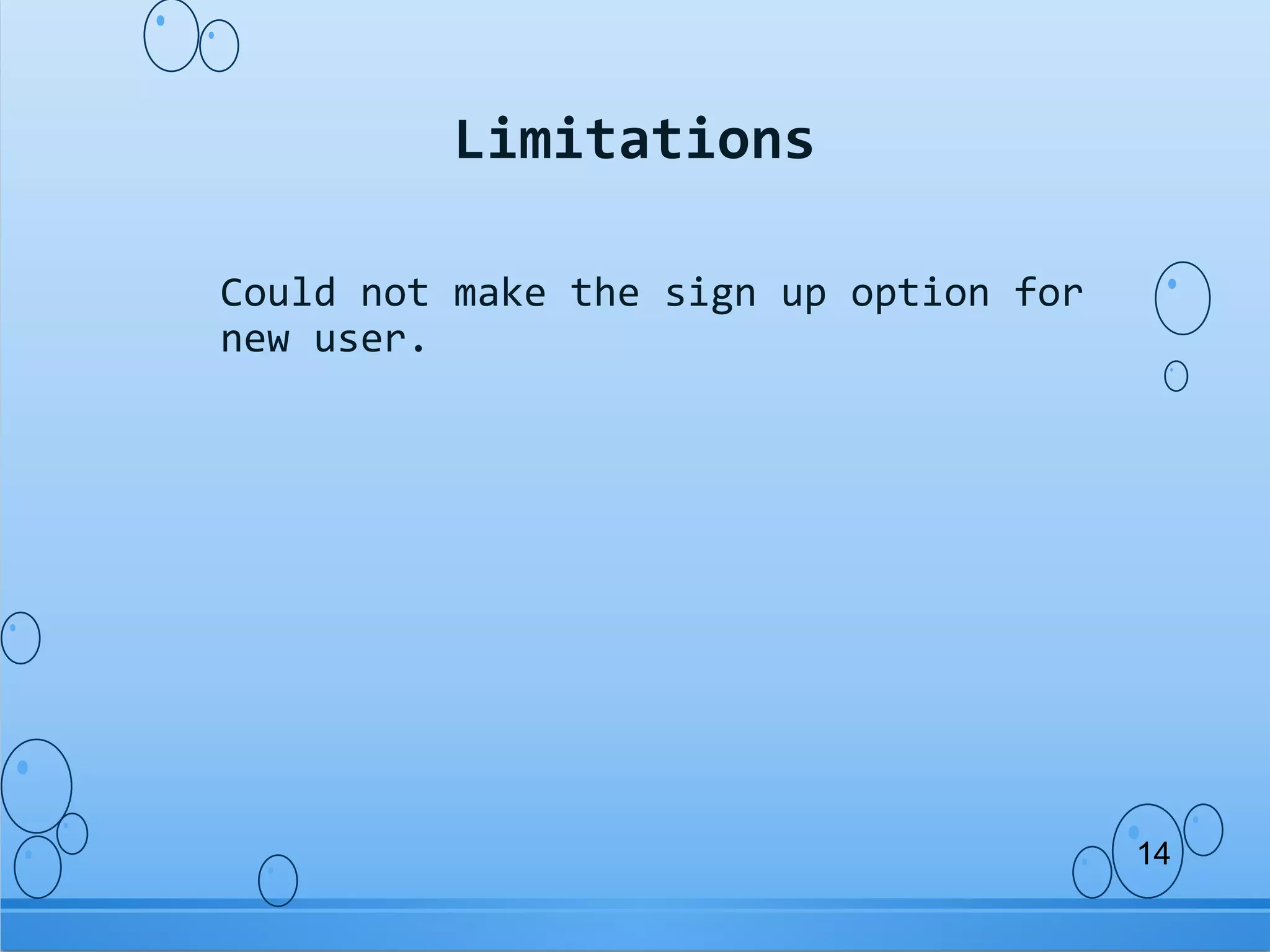 Could not make the sign up option for
new user.
Limitations
14