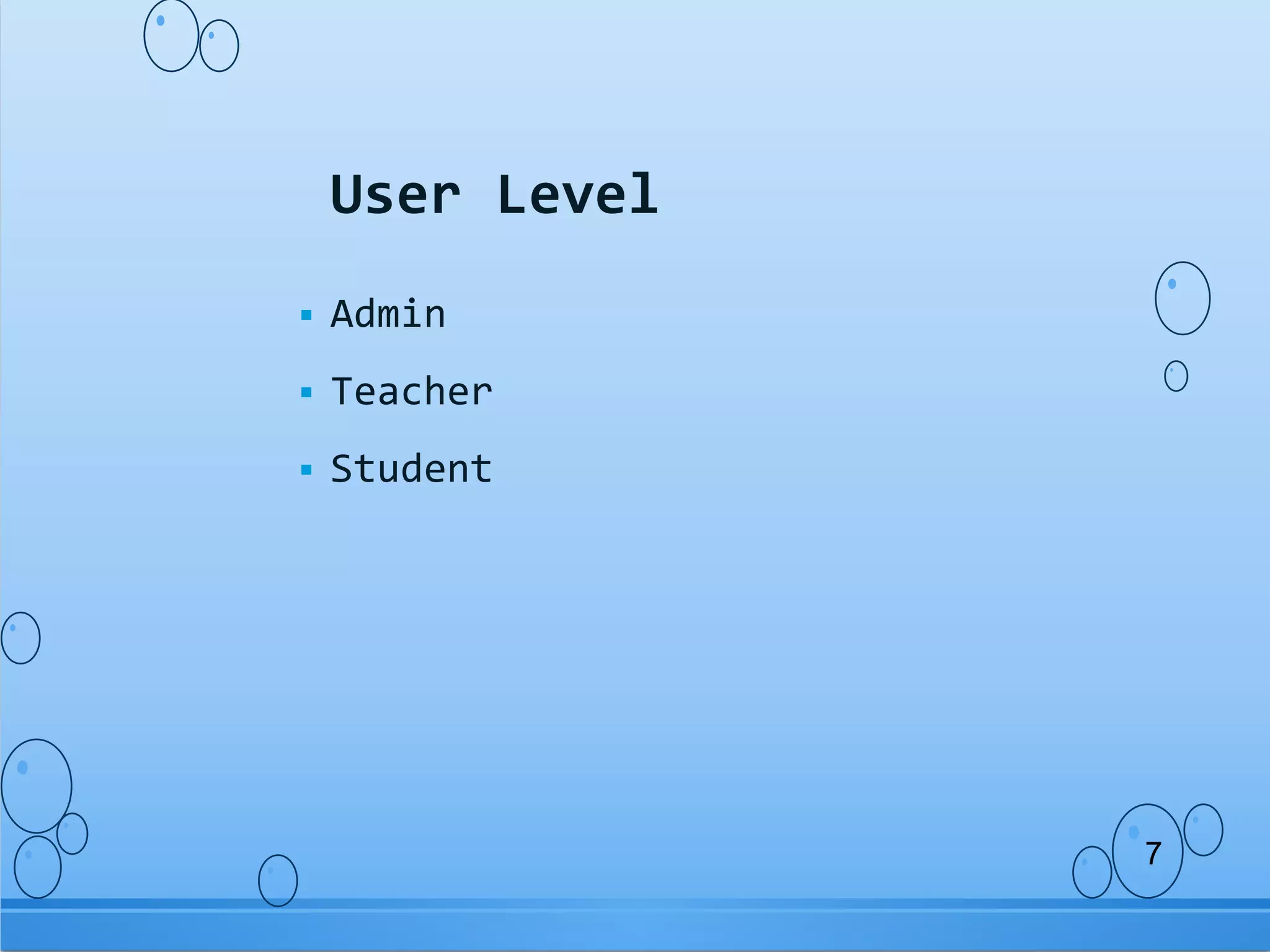  Admin
Teacher
Student
User Level
7