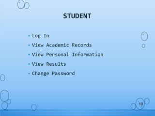  Log In
 View Academic Records
 View Personal Information
 View Results
 Change Password
STUDENT
10
 